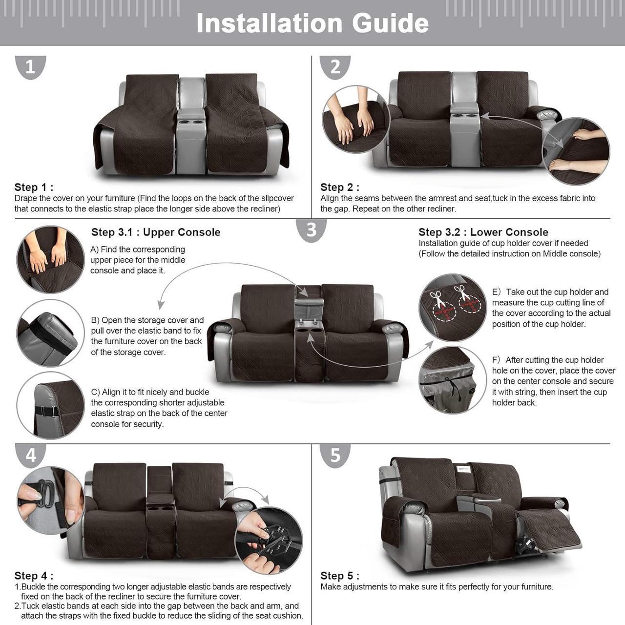 Alt view image 6 of 7 - Loveseat Recliner Cover with Center Console, 100% Waterproof Pet Cover for Dual Recliner with Straps Design, Split Reclining Loveseat Cover Furniture Pet&Kids Protector (2 Seater, Chocolate)