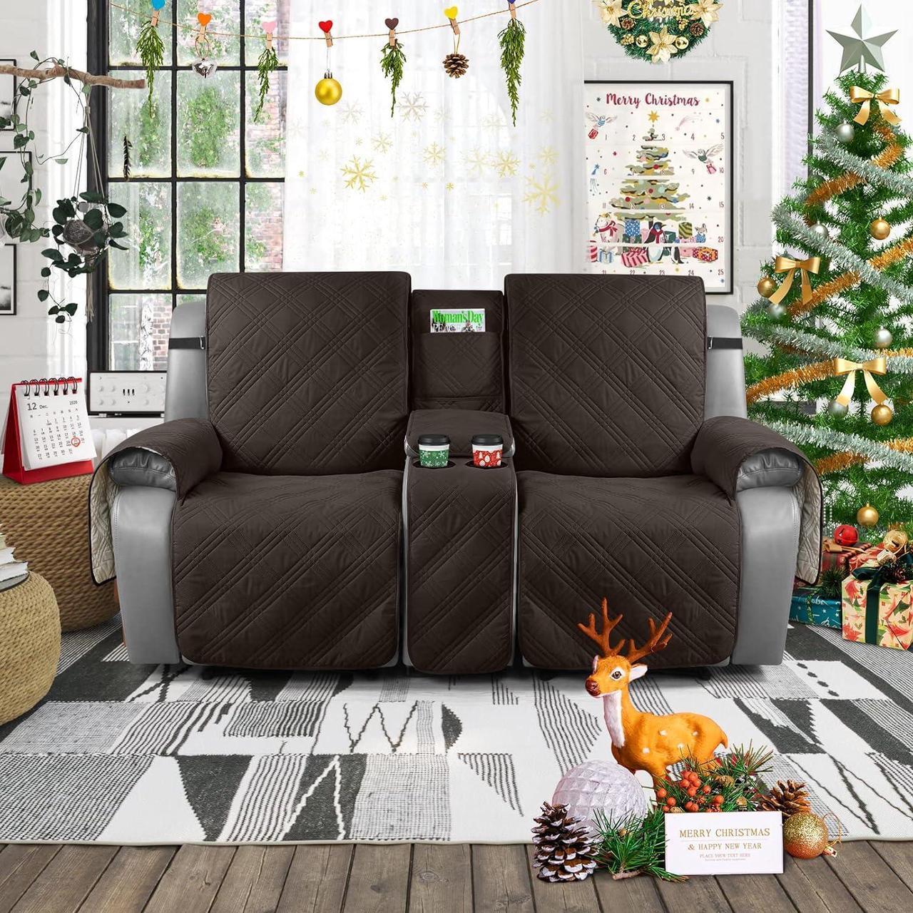 Alt view image 7 of 7 - Loveseat Recliner Cover with Center Console, 100% Waterproof Pet Cover for Dual Recliner with Straps Design, Split Reclining Loveseat Cover Furniture Pet&Kids Protector (2 Seater, Chocolate)