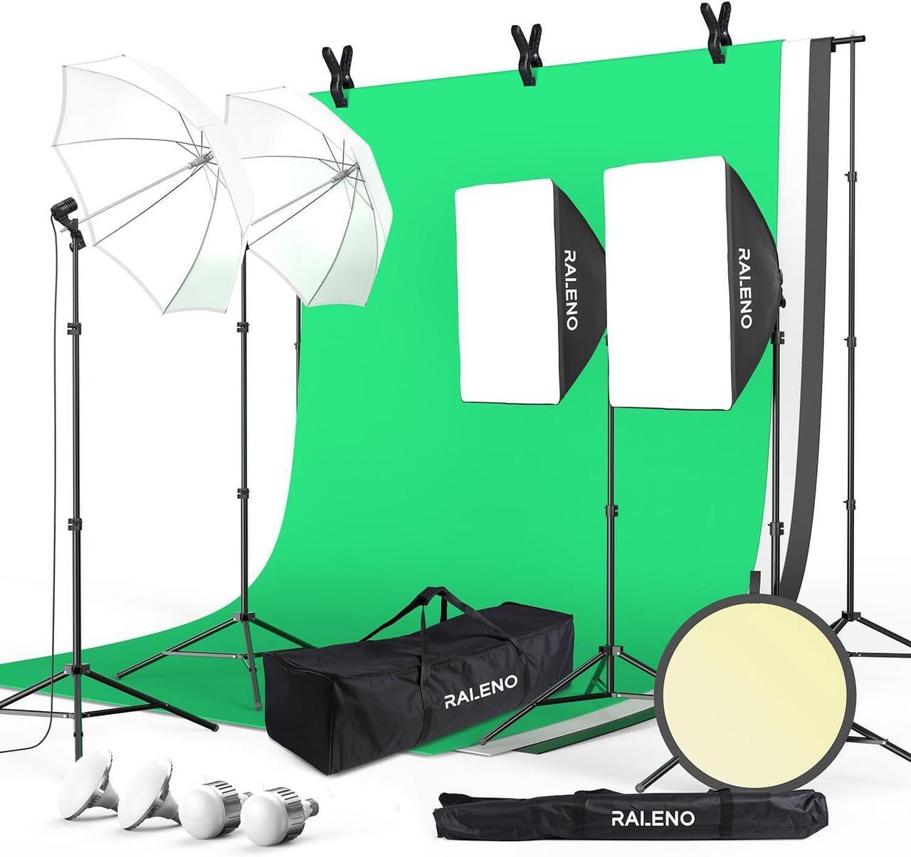 Main image of Photography Lighting Kit, 8.5 x 10 ft Backdrop Stands with Green Screen, Softbox and Umbrella with 5500 K, 97CRI, LED Bulbs, 3 Color Backdrops for Photo Studio Equipment, Portrait Product Shoot