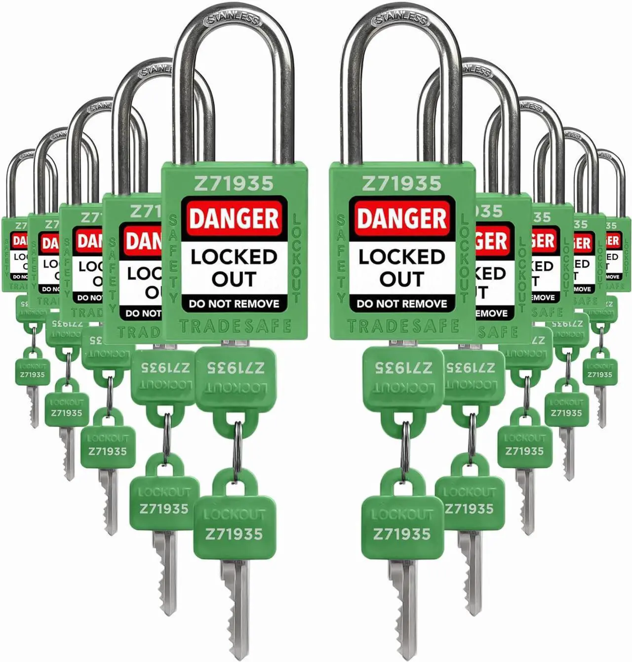 Main image of Lockout Tagout Locks Set - 10 Green Keyed Alike Padlocks, 2 Keys Per Lock, OSHA Compliant Loto Locks for Lock Out Tag Out Stations, Premium Grade