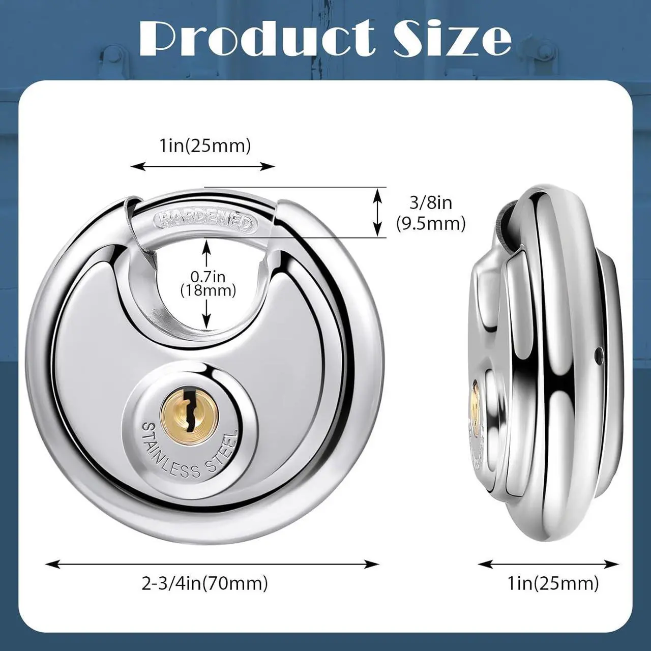 Alt view image 2 of 7 - 10 Pack Padlocks Alike Keyed, Stainless Steel Pad Locks with Same Key Discus 2-3/4 Inch Wide 3/8 Inch Diameter Shackle, Disc for Outdoor Use, Storage Unit, Sheds, Garages and Fence