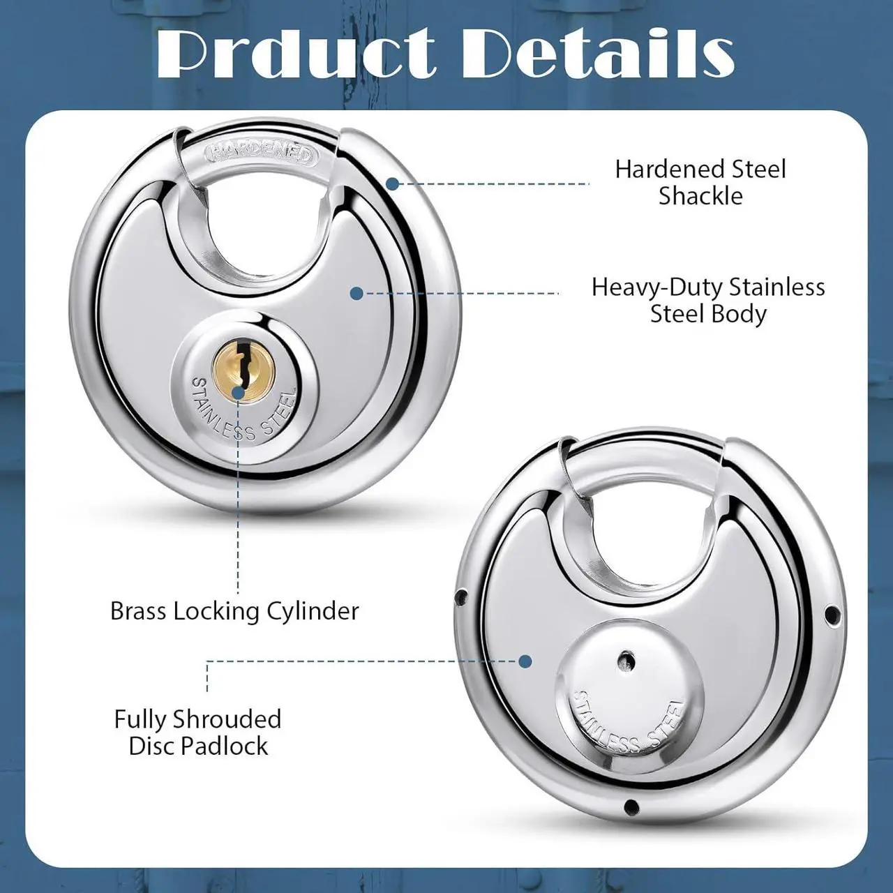 Alt view image 3 of 7 - 10 Pack Padlocks Alike Keyed, Stainless Steel Pad Locks with Same Key Discus 2-3/4 Inch Wide 3/8 Inch Diameter Shackle, Disc for Outdoor Use, Storage Unit, Sheds, Garages and Fence