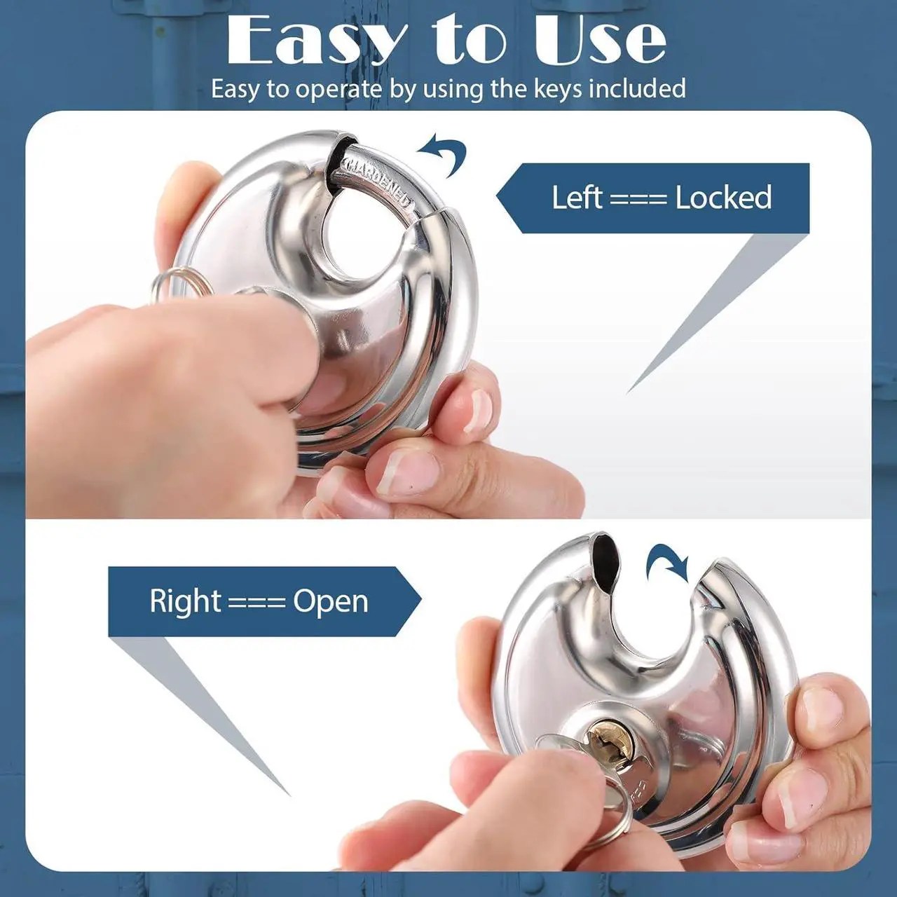 Alt view image 4 of 7 - 10 Pack Padlocks Alike Keyed, Stainless Steel Pad Locks with Same Key Discus 2-3/4 Inch Wide 3/8 Inch Diameter Shackle, Disc for Outdoor Use, Storage Unit, Sheds, Garages and Fence