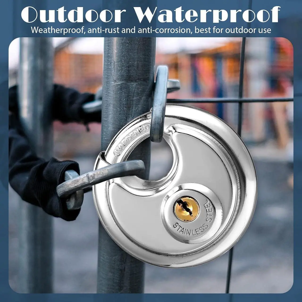Alt view image 5 of 7 - 10 Pack Padlocks Alike Keyed, Stainless Steel Pad Locks with Same Key Discus 2-3/4 Inch Wide 3/8 Inch Diameter Shackle, Disc for Outdoor Use, Storage Unit, Sheds, Garages and Fence