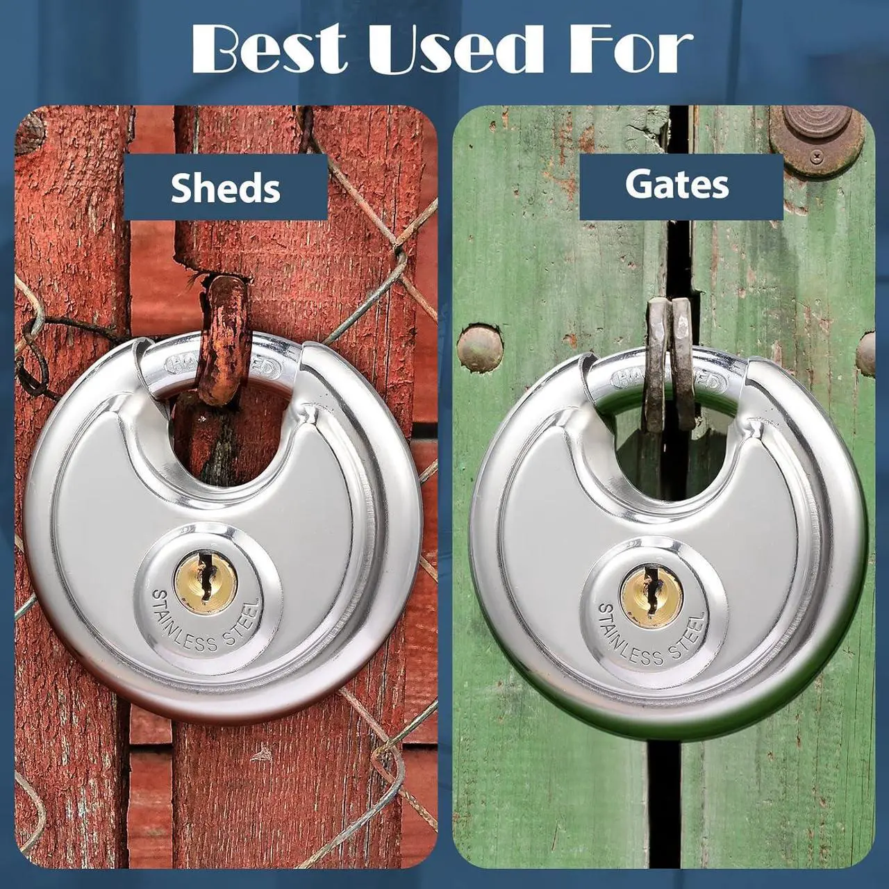 Alt view image 6 of 7 - 10 Pack Padlocks Alike Keyed, Stainless Steel Pad Locks with Same Key Discus 2-3/4 Inch Wide 3/8 Inch Diameter Shackle, Disc for Outdoor Use, Storage Unit, Sheds, Garages and Fence