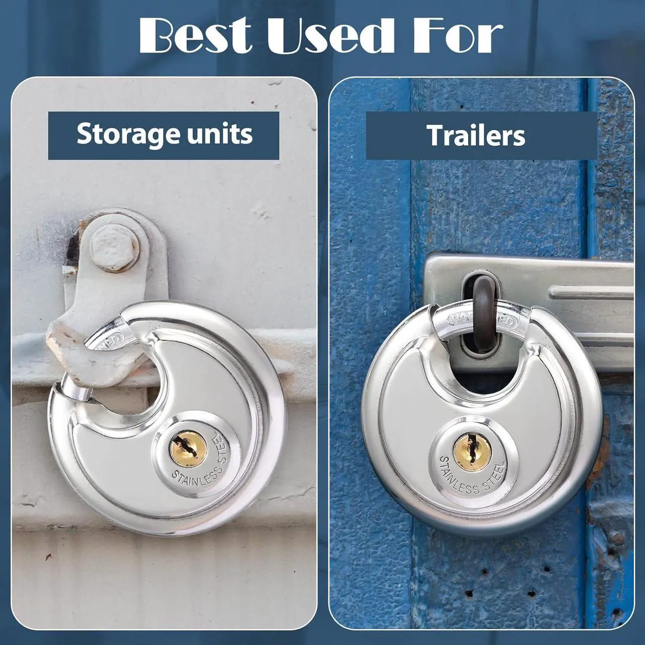 Alt view image 7 of 7 - 10 Pack Padlocks Alike Keyed, Stainless Steel Pad Locks with Same Key Discus 2-3/4 Inch Wide 3/8 Inch Diameter Shackle, Disc for Outdoor Use, Storage Unit, Sheds, Garages and Fence