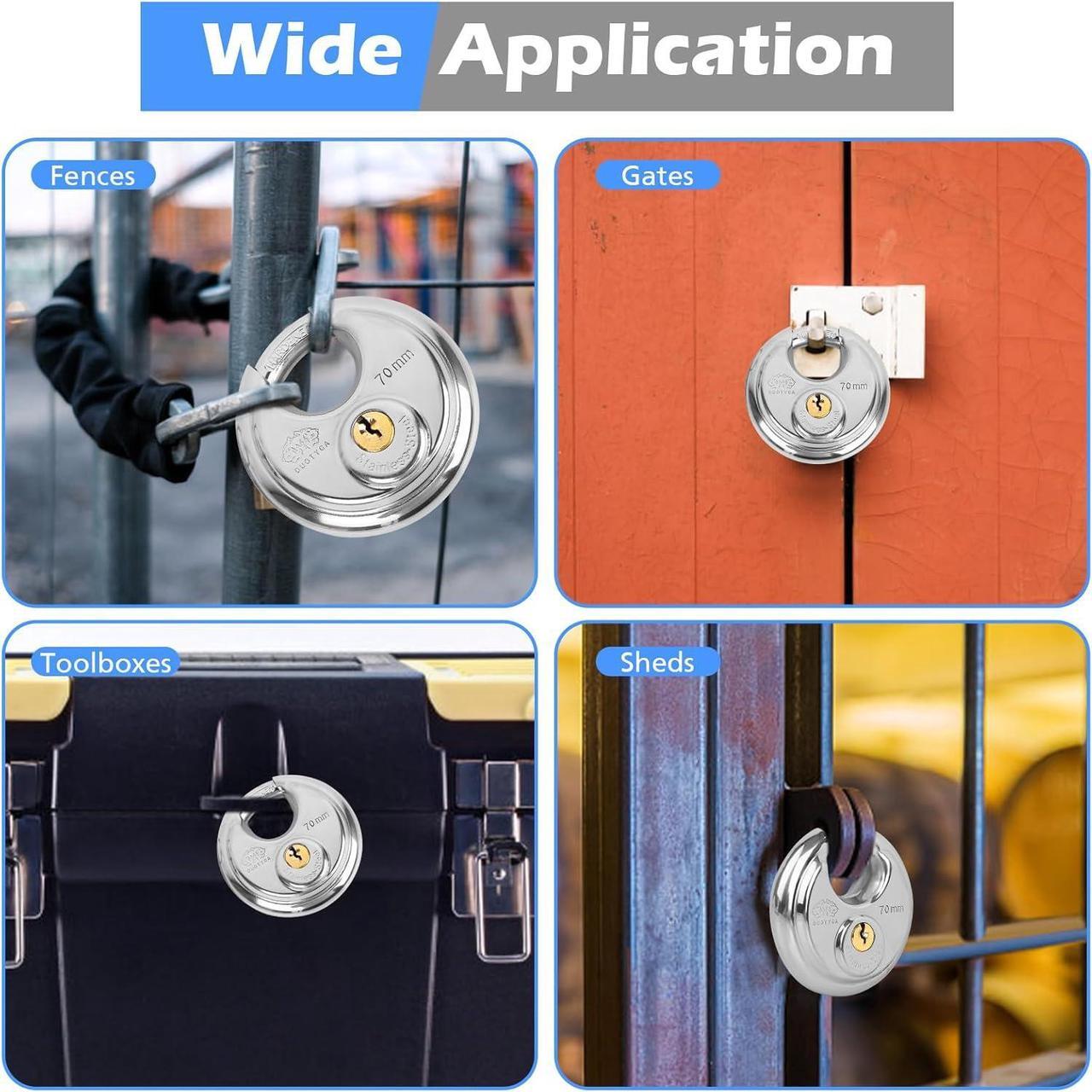 Alt view image 6 of 6 - Keyed Alike Padlock, 2-3/4 Inch Wide, Heavy Duty Stainless Steel Outdoor Disc Lock with Key for Storage Unit, Garages, Fence and Sheds, 24 Pack