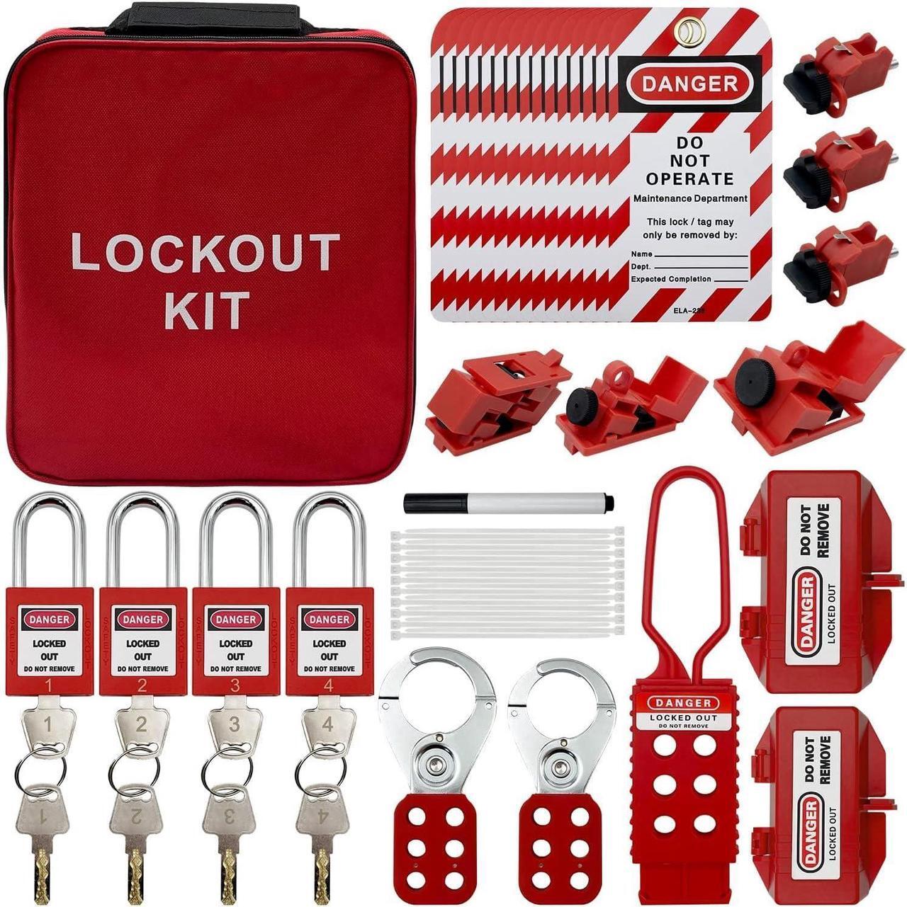 Main image of Tagout Kit Electrical Loto - Clamp-On Circuit Breaker Lockout, Group Lockout Hasps, Lockout Tag, Universal Multi- Pole Breaker with Pocket Bag (Bigger Red Kit)