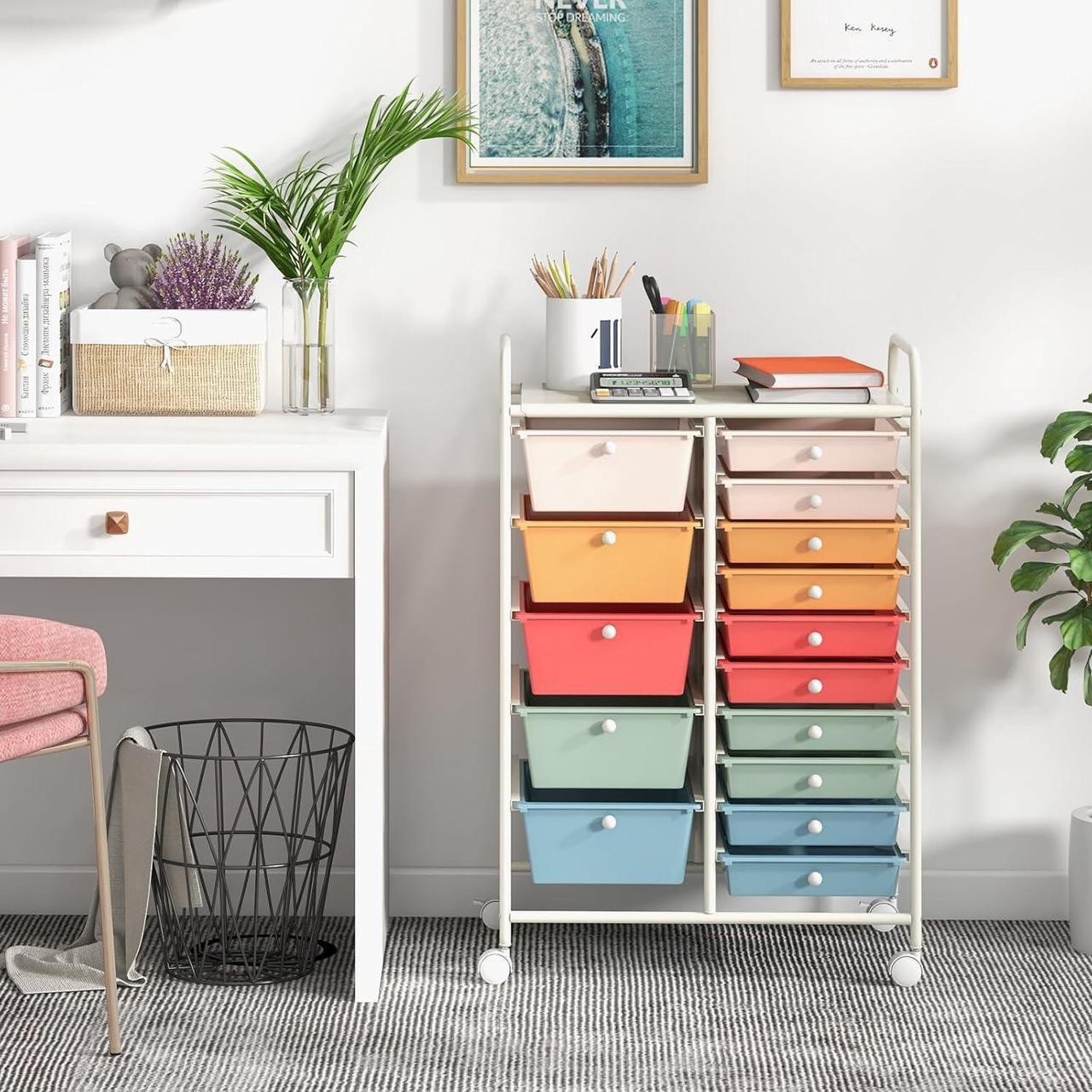 Alt view image 2 of 7 - 15 Drawers Rolling Cart, Classroom Organizers, Storage Cart with Wheels, for Teacher Office Home School Supplies Tool Craft Art Paper