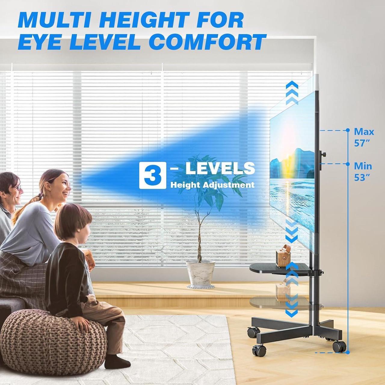 Alt view image 3 of 7 - Strong Rolling TV Stand with Shelf for 23-60 inch TVs up to 88lbs, Portable Mobile TV Cart with Silent Wheel, Tilt & Height Adjustable Universal Corner TV Stand for Bedroom, Living Room, Office