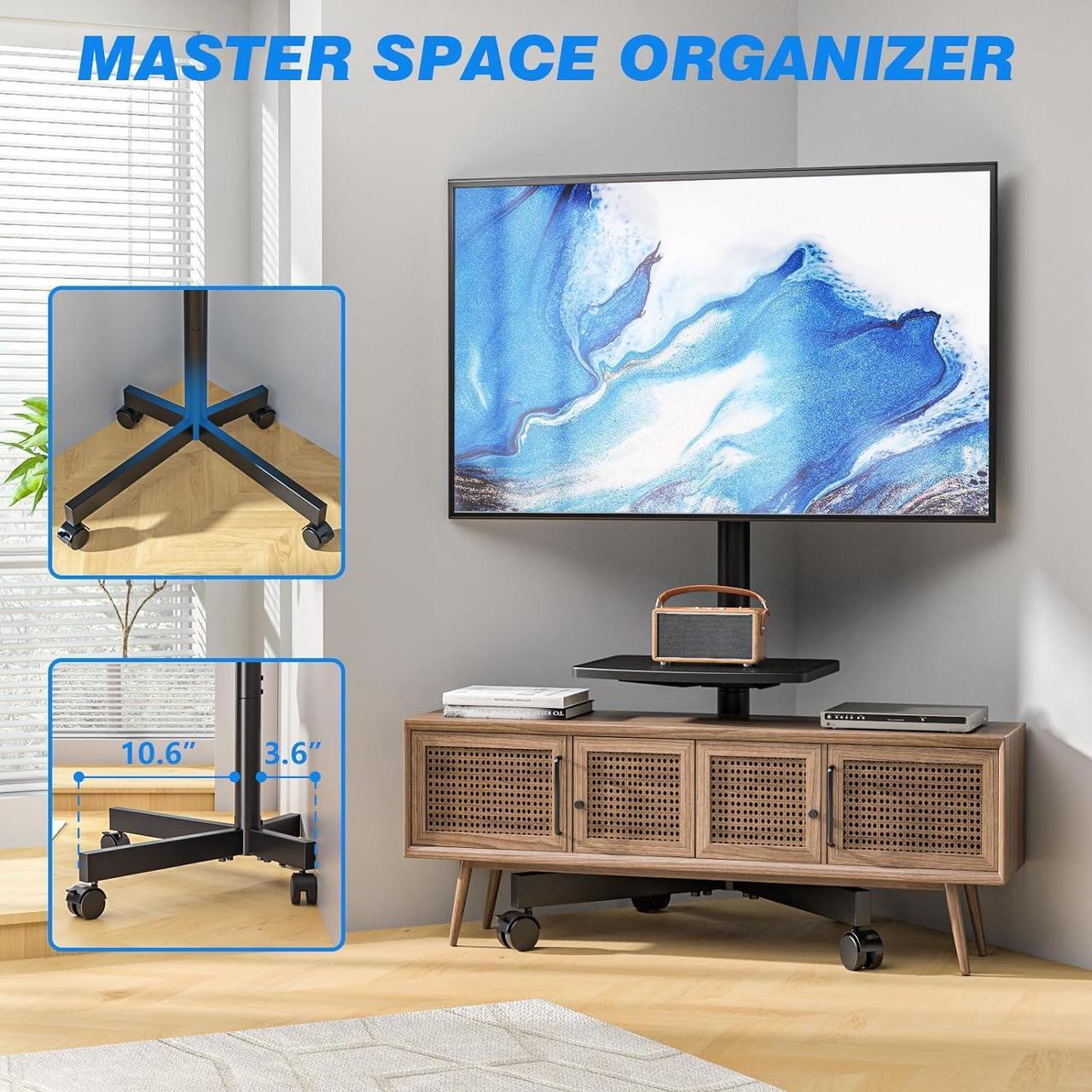 Alt view image 7 of 7 - Strong Rolling TV Stand with Shelf for 23-60 inch TVs up to 88lbs, Portable Mobile TV Cart with Silent Wheel, Tilt & Height Adjustable Universal Corner TV Stand for Bedroom, Living Room, Office
