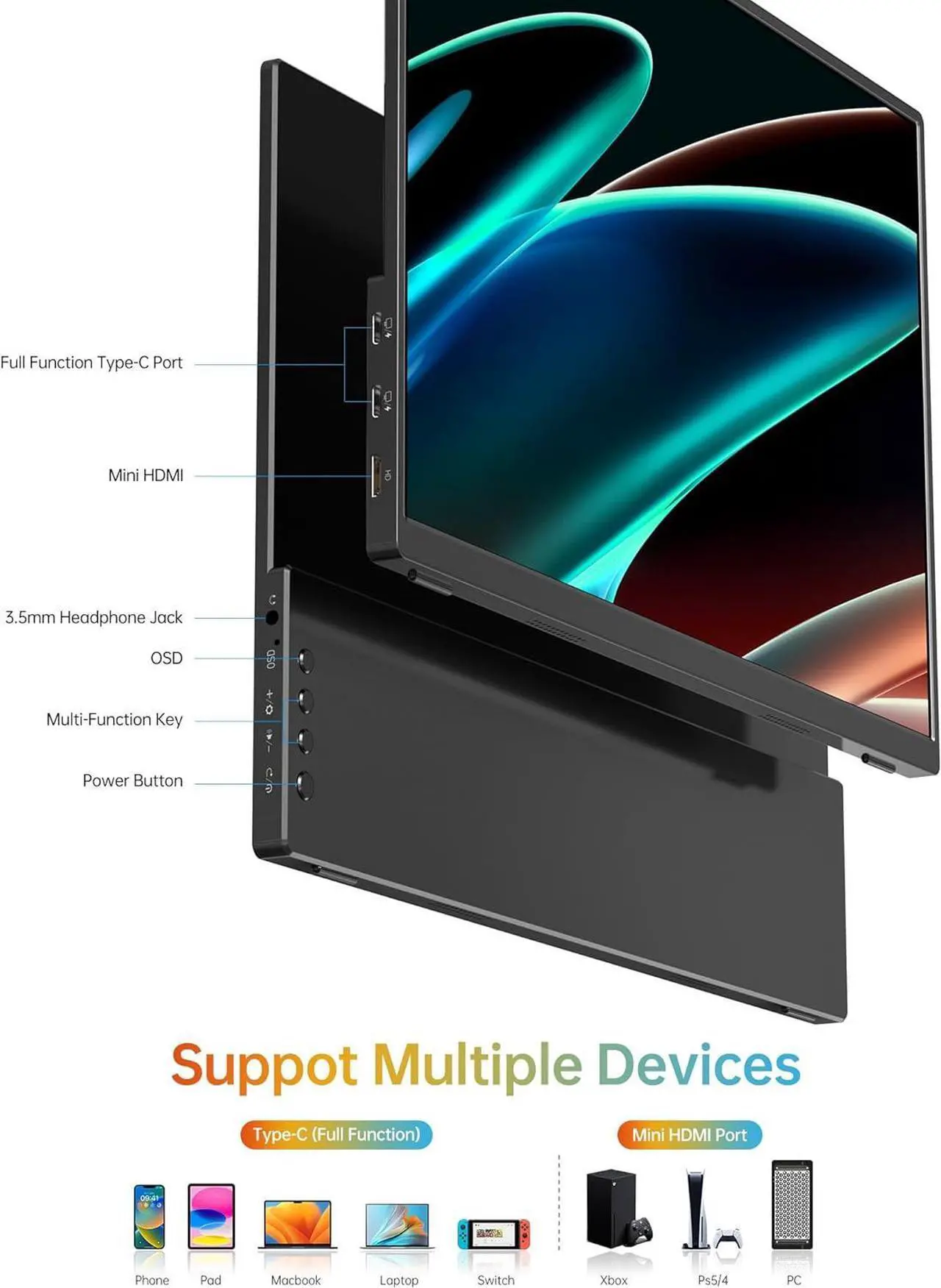 Alt view image 5 of 7 - Portable Monitor 14 Inch FHD1200P Ultra-Slim for Laptop Monitor, USB-C HDMI Plug&Play,100% SRGB External Monitor,Dual Speakers Extender Display. with Smart Cover for Laptop,PC Phone Xbox PS4/5