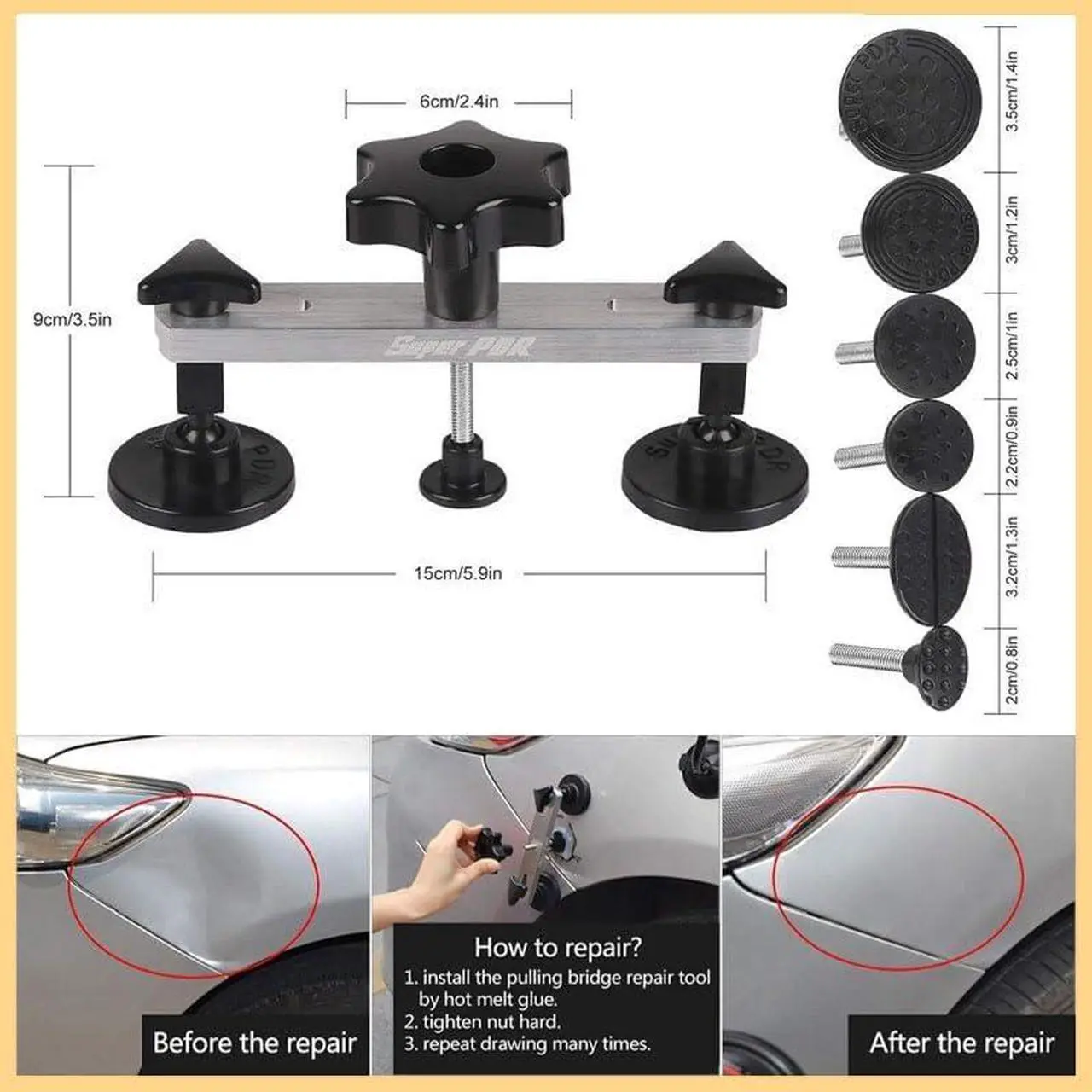 Alt view image 6 of 7 - Car Dent Puller, Paintless Dent Removal Kit with Slide Hammer Dent Puller, Suction Cup, Bridge Puller, Glue Gun for Body Repair Dent Removal Tools, Hail Damage, Door Dings, Fridge