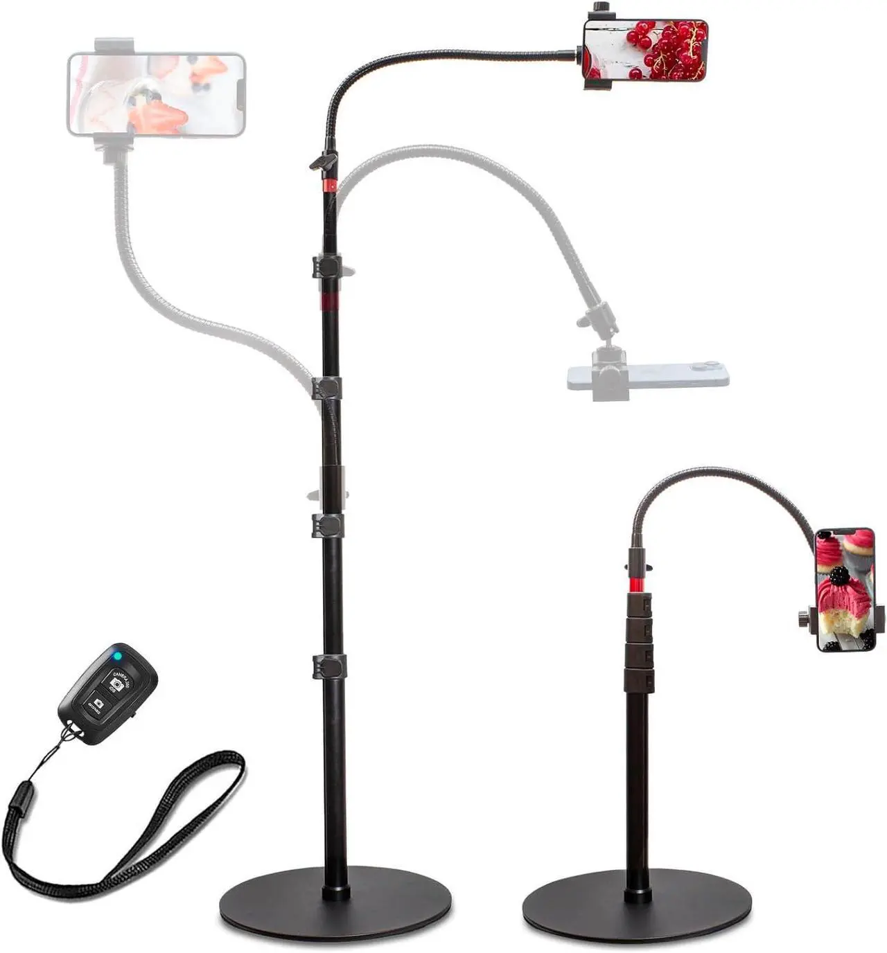 Main image of Phone Overhead Stand, Gooseneck Phone Floor Stand, Tall Video Cell Phone Mount with Height Adjustable Stand, Heavy Base, 360 Head, Works with iPhone 16, iPhone 16 Pro Max, iPhone 16 Plus, 15, 14, 13