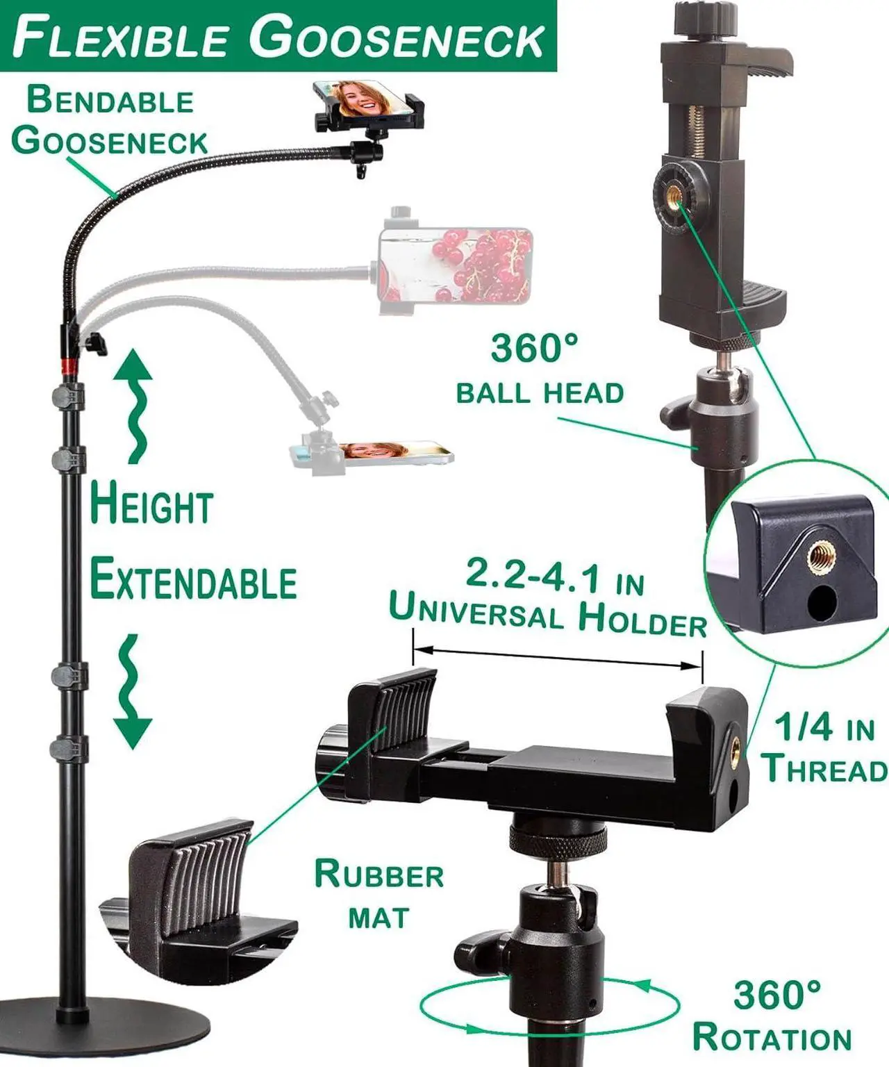 Alt view image 2 of 7 - Phone Overhead Stand, Gooseneck Phone Floor Stand, Tall Video Cell Phone Mount with Height Adjustable Stand, Heavy Base, 360 Head, Works with iPhone 16, iPhone 16 Pro Max, iPhone 16 Plus, 15, 14, 13