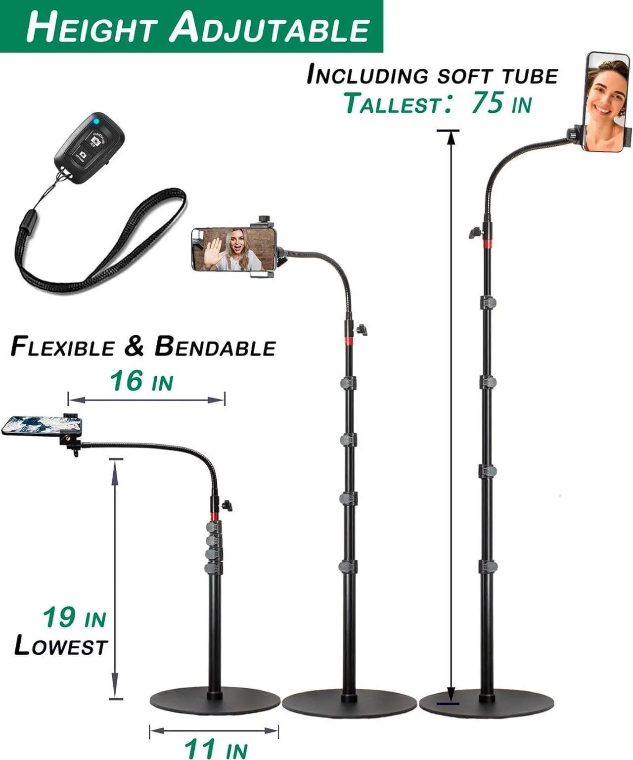 Alt view image 3 of 7 - Phone Overhead Stand, Gooseneck Phone Floor Stand, Tall Video Cell Phone Mount with Height Adjustable Stand, Heavy Base, 360 Head, Works with iPhone 16, iPhone 16 Pro Max, iPhone 16 Plus, 15, 14, 13