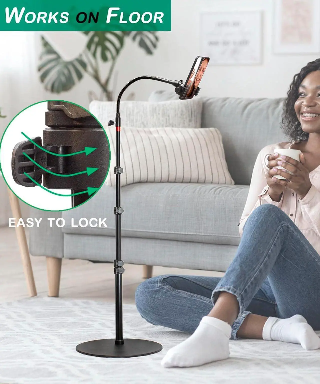 Alt view image 4 of 7 - Phone Overhead Stand, Gooseneck Phone Floor Stand, Tall Video Cell Phone Mount with Height Adjustable Stand, Heavy Base, 360 Head, Works with iPhone 16, iPhone 16 Pro Max, iPhone 16 Plus, 15, 14, 13