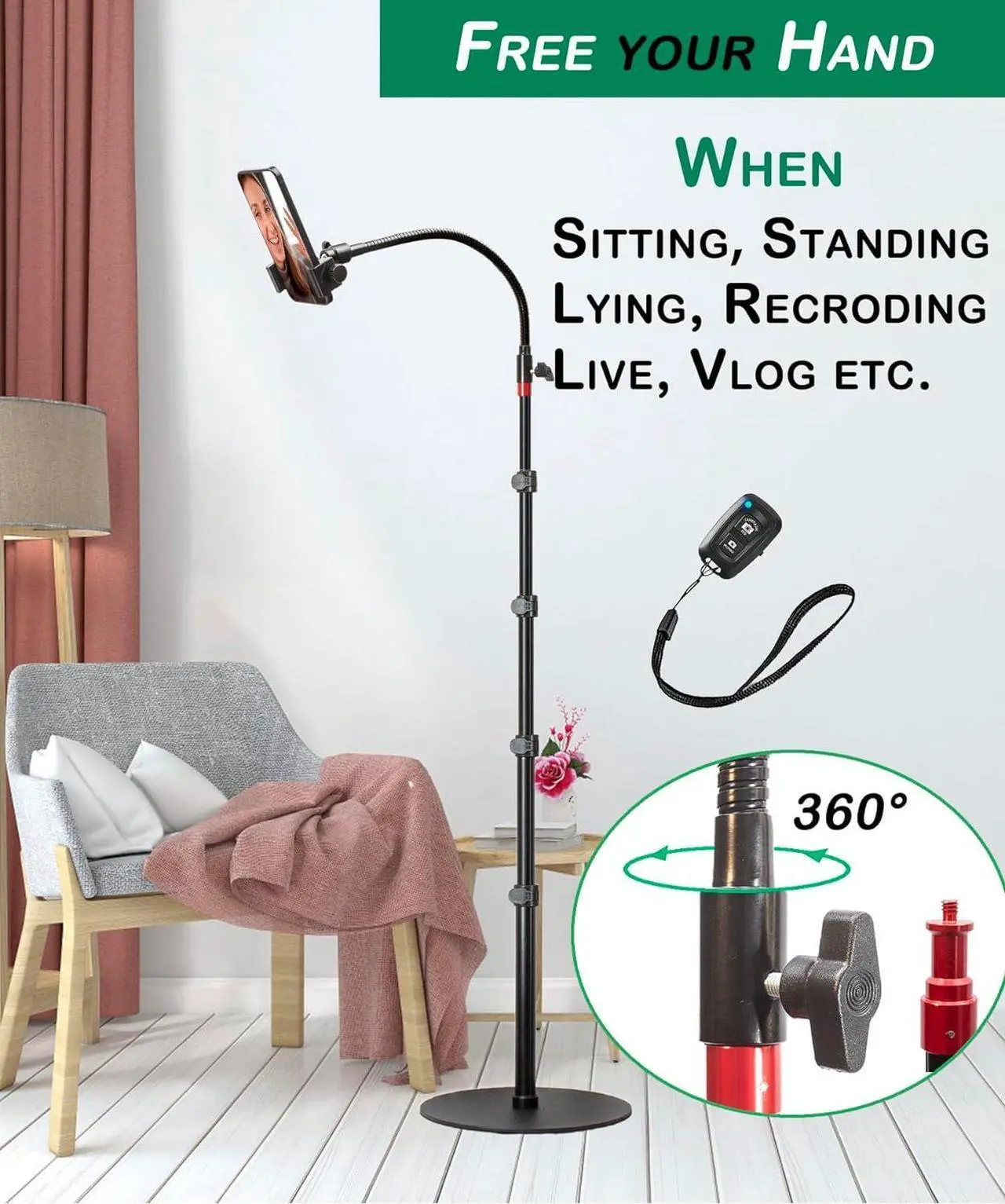 Alt view image 6 of 7 - Phone Overhead Stand, Gooseneck Phone Floor Stand, Tall Video Cell Phone Mount with Height Adjustable Stand, Heavy Base, 360 Head, Works with iPhone 16, iPhone 16 Pro Max, iPhone 16 Plus, 15, 14, 13