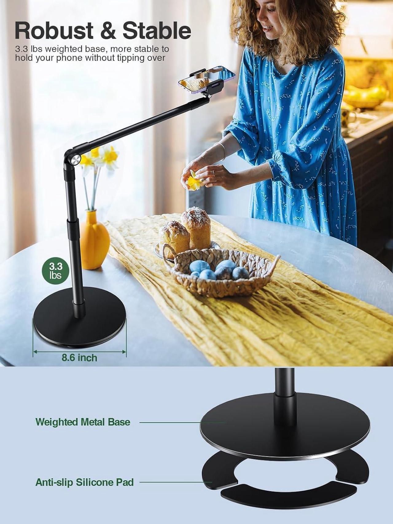 Alt view image 2 of 7 - Heavy Duty Aluminum Overhead Phone Stand, 15 in Long Arm iPhone Holder for Video Recording, 360 Degrees Swivel Tilt Overhead Phone Mount for Filming, Meeting, Cooking, Painting and Crafting