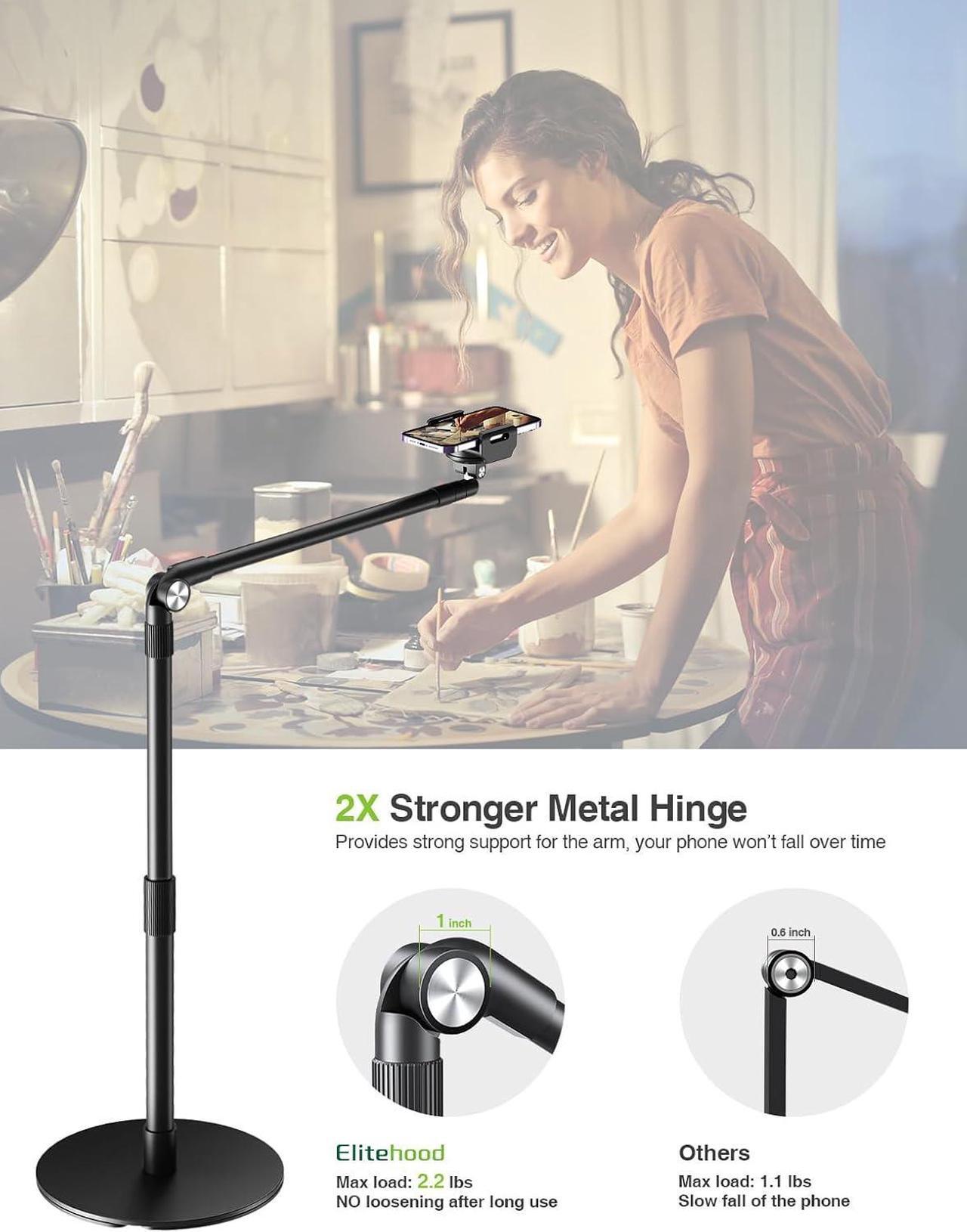 Alt view image 3 of 7 - Heavy Duty Aluminum Overhead Phone Stand, 15 in Long Arm iPhone Holder for Video Recording, 360 Degrees Swivel Tilt Overhead Phone Mount for Filming, Meeting, Cooking, Painting and Crafting