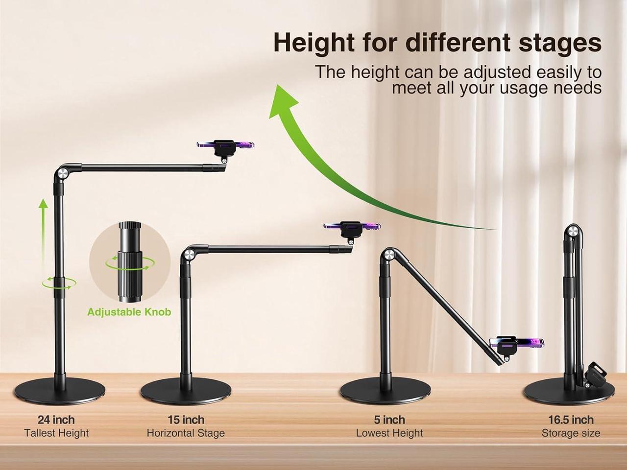 Alt view image 4 of 7 - Heavy Duty Aluminum Overhead Phone Stand, 15 in Long Arm iPhone Holder for Video Recording, 360 Degrees Swivel Tilt Overhead Phone Mount for Filming, Meeting, Cooking, Painting and Crafting