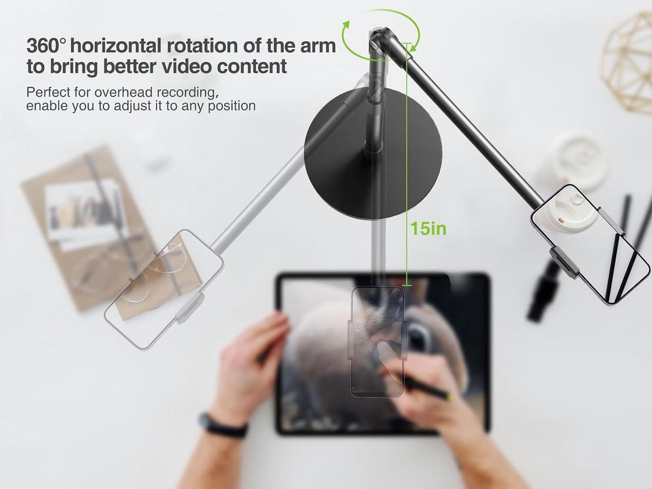 Alt view image 5 of 7 - Heavy Duty Aluminum Overhead Phone Stand, 15 in Long Arm iPhone Holder for Video Recording, 360 Degrees Swivel Tilt Overhead Phone Mount for Filming, Meeting, Cooking, Painting and Crafting