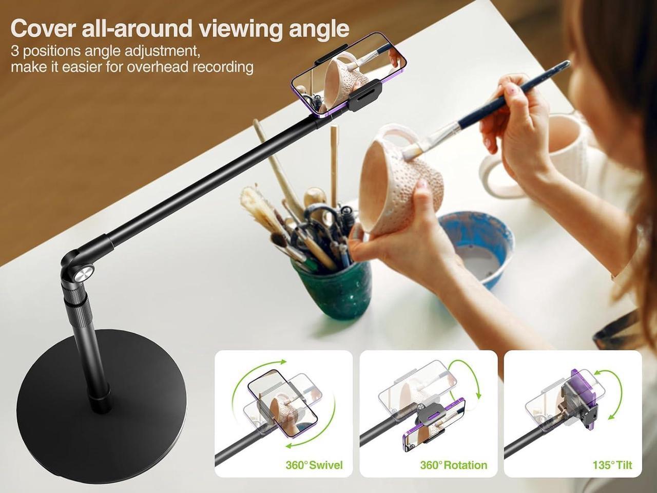 Alt view image 6 of 7 - Heavy Duty Aluminum Overhead Phone Stand, 15 in Long Arm iPhone Holder for Video Recording, 360 Degrees Swivel Tilt Overhead Phone Mount for Filming, Meeting, Cooking, Painting and Crafting