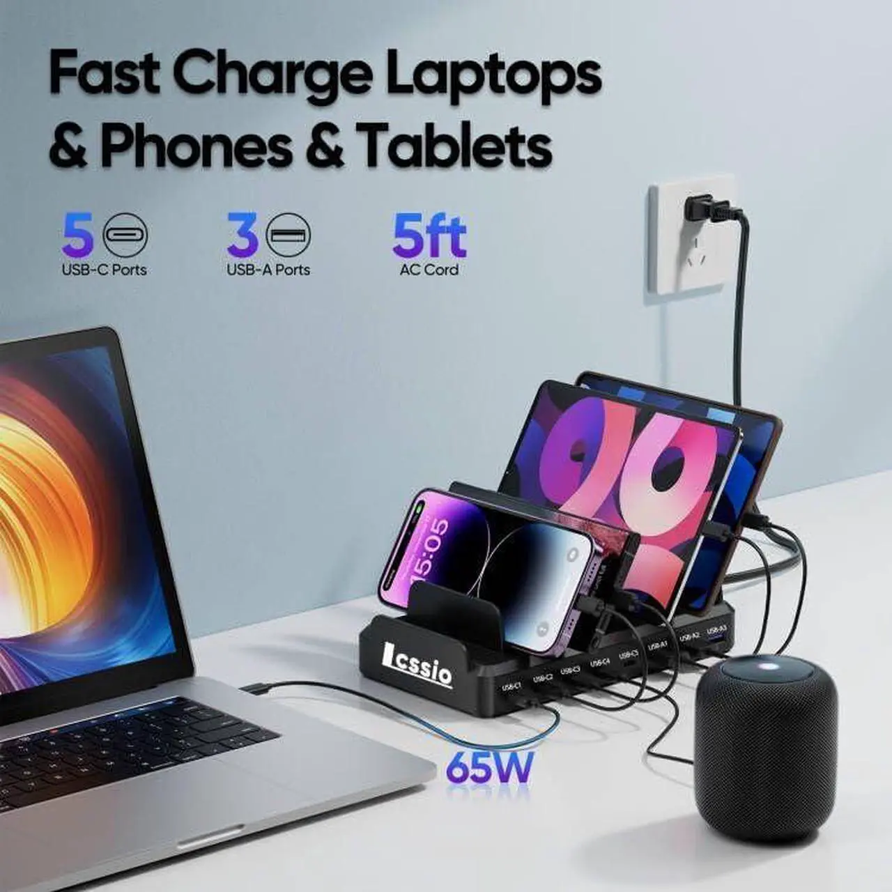 Alt view image 2 of 6 - 300W USB C Charging Station for Multiple Devices, 8 Port Multi Device Fast Charging Station for MacBook iPhone 15 Phone iPad Tablets Black (6 Mixed Short Cables Included)