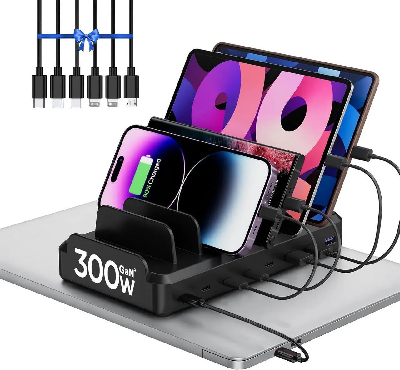 Main image of 300W USB C Charging Station for Multiple Devices, 8 Port Multi Device Fast Charging Station for MacBook iPhone 15 Phone iPad Tablets Black (6 Mixed Short Cables Included)