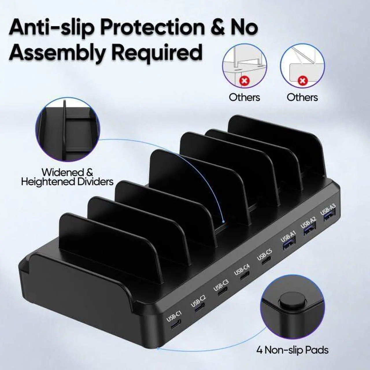 Alt view image 4 of 6 - 300W USB C Charging Station for Multiple Devices, 8 Port Multi Device Fast Charging Station for MacBook iPhone 15 Phone iPad Tablets Black (6 Mixed Short Cables Included)