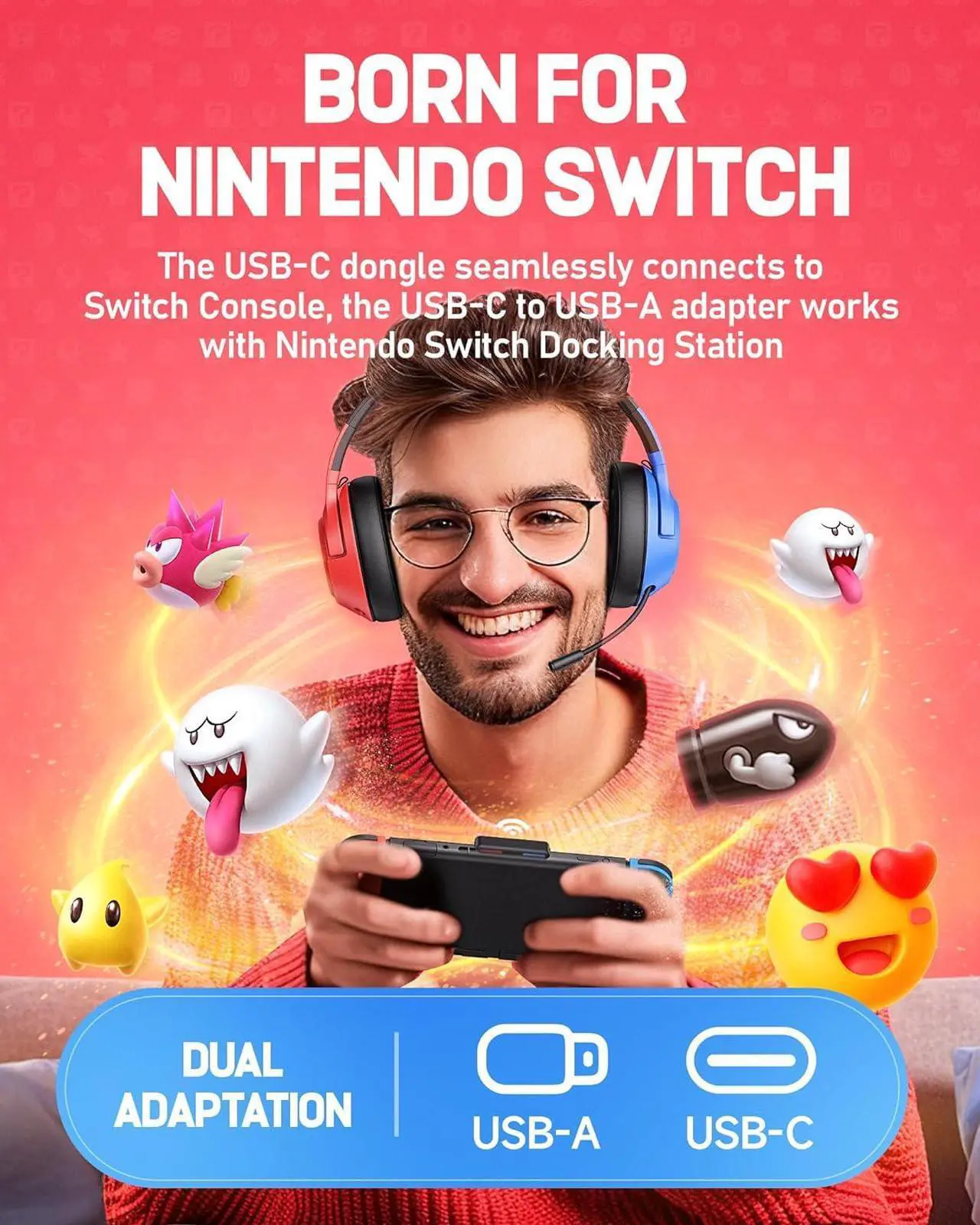 Alt view image 2 of 7 - CG-01 2.4Ghz Wireless Gaming Headset for Nintendo SwitchOLEDLite, Bluetooth 5.4 Gaming Headphones with Noise Cancelling Microphone,40Hr Battery, USB & Type-C Connector for PS5, PS4, PC, Laptop, Mac