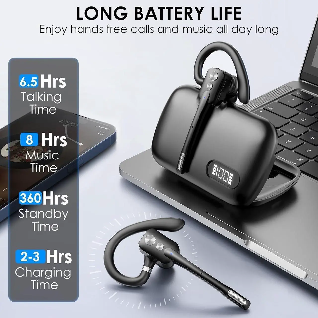Alt view image 3 of 6 - Bluetooth Headset Wireless Bluetooth Earpiece with Dual-Mic & Noise Canceling Single Ear Headset with Mute for Business Remote Work V5.3 Hand-Free headset for iOS Android Cell Phone (Black)