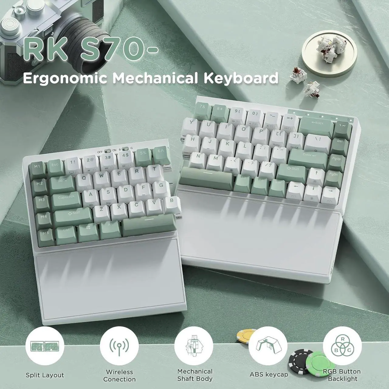 Alt view image 2 of 7 - RKS70 Ergonomic Split Mechanical Keyboard, Wireless Bluetooth/2.4G/Wired Keyboard with Wrist Rest, 75% RGB PC Gaming Keyboards for Win/Mac, Hot Swappable Silver Grey Switches, White