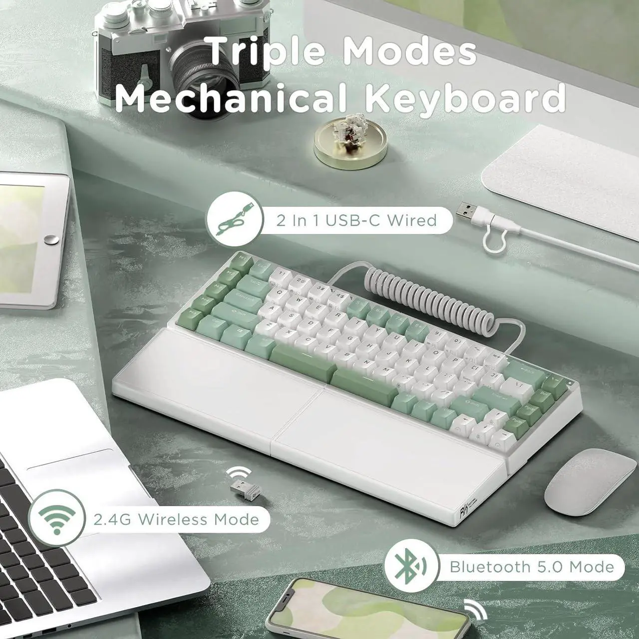 Alt view image 3 of 7 - RKS70 Ergonomic Split Mechanical Keyboard, Wireless Bluetooth/2.4G/Wired Keyboard with Wrist Rest, 75% RGB PC Gaming Keyboards for Win/Mac, Hot Swappable Silver Grey Switches, White