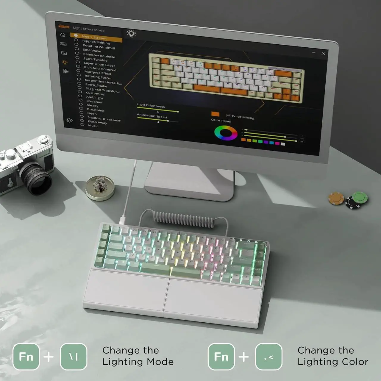 Alt view image 7 of 7 - RKS70 Ergonomic Split Mechanical Keyboard, Wireless Bluetooth/2.4G/Wired Keyboard with Wrist Rest, 75% RGB PC Gaming Keyboards for Win/Mac, Hot Swappable Silver Grey Switches, White