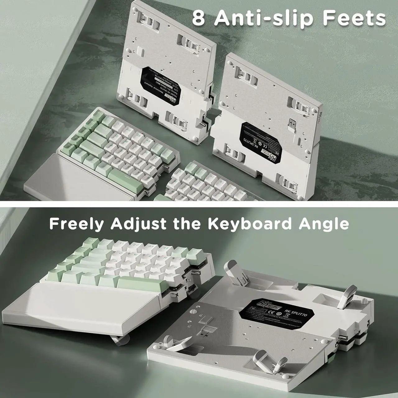 Alt view image 6 of 7 - RKS70 Ergonomic Split Mechanical Keyboard, Wireless Bluetooth/2.4G/Wired Keyboard with Wrist Rest, 75% RGB PC Gaming Keyboards for Win/Mac, Hot Swappable Silver Grey Switches, White