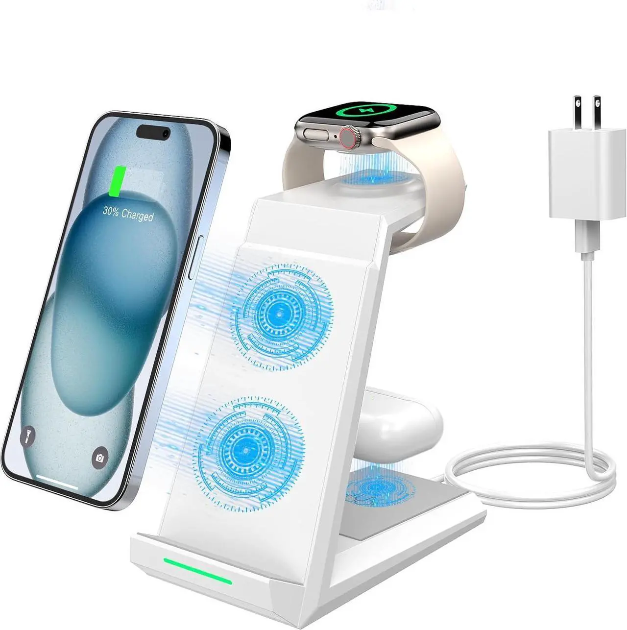 Main image of Wireless Charging Station for iPhone - 3 in 1 Charger Stand for iPhone 15 14 13 12 11 Pro Max Plus, Charging Dock for Apple Watch 8/7/SE/6/5/4/3/2,AirPods Pro/3/2(5 ft Cable & Adapter Included)