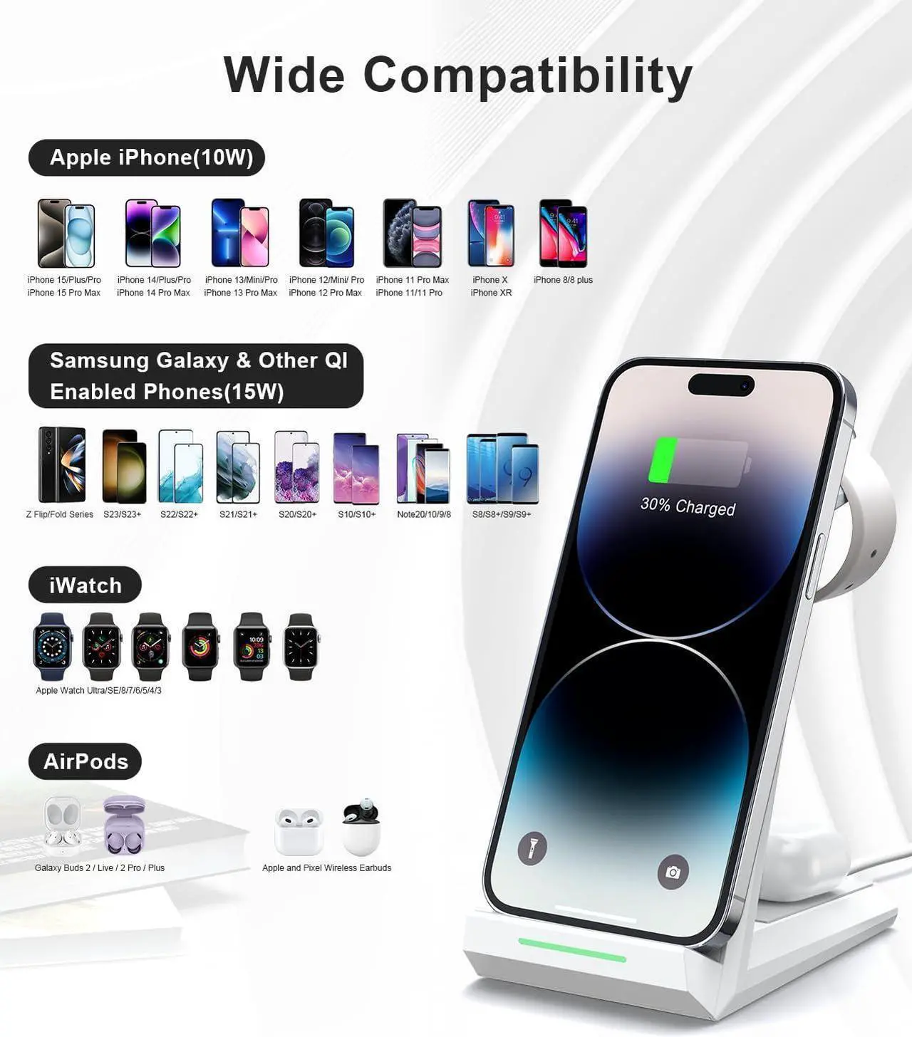 Alt view image 3 of 7 - Wireless Charging Station for iPhone - 3 in 1 Charger Stand for iPhone 15 14 13 12 11 Pro Max Plus, Charging Dock for Apple Watch 8/7/SE/6/5/4/3/2,AirPods Pro/3/2(5 ft Cable & Adapter Included)
