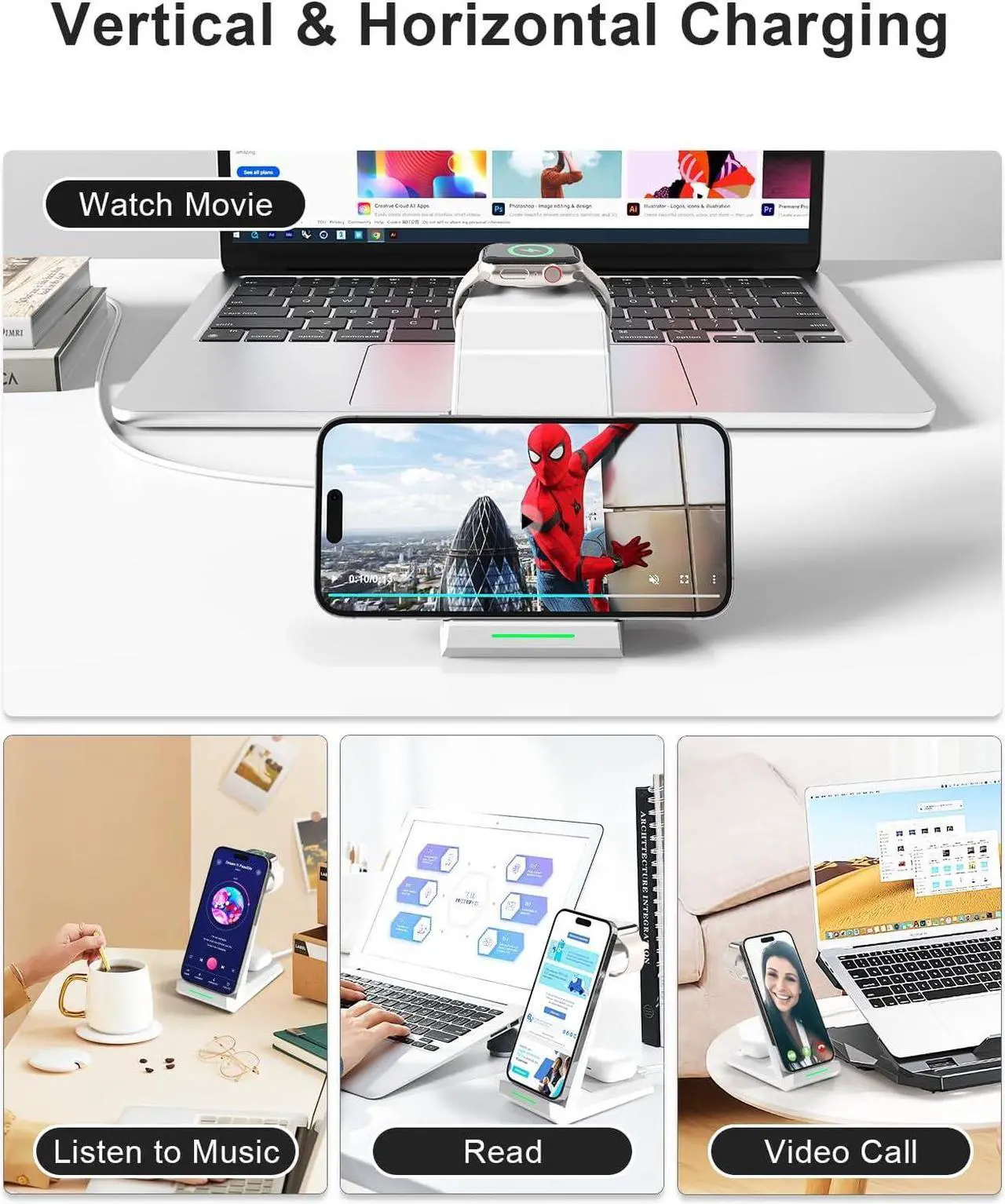 Alt view image 4 of 7 - Wireless Charging Station for iPhone - 3 in 1 Charger Stand for iPhone 15 14 13 12 11 Pro Max Plus, Charging Dock for Apple Watch 8/7/SE/6/5/4/3/2,AirPods Pro/3/2(5 ft Cable & Adapter Included)