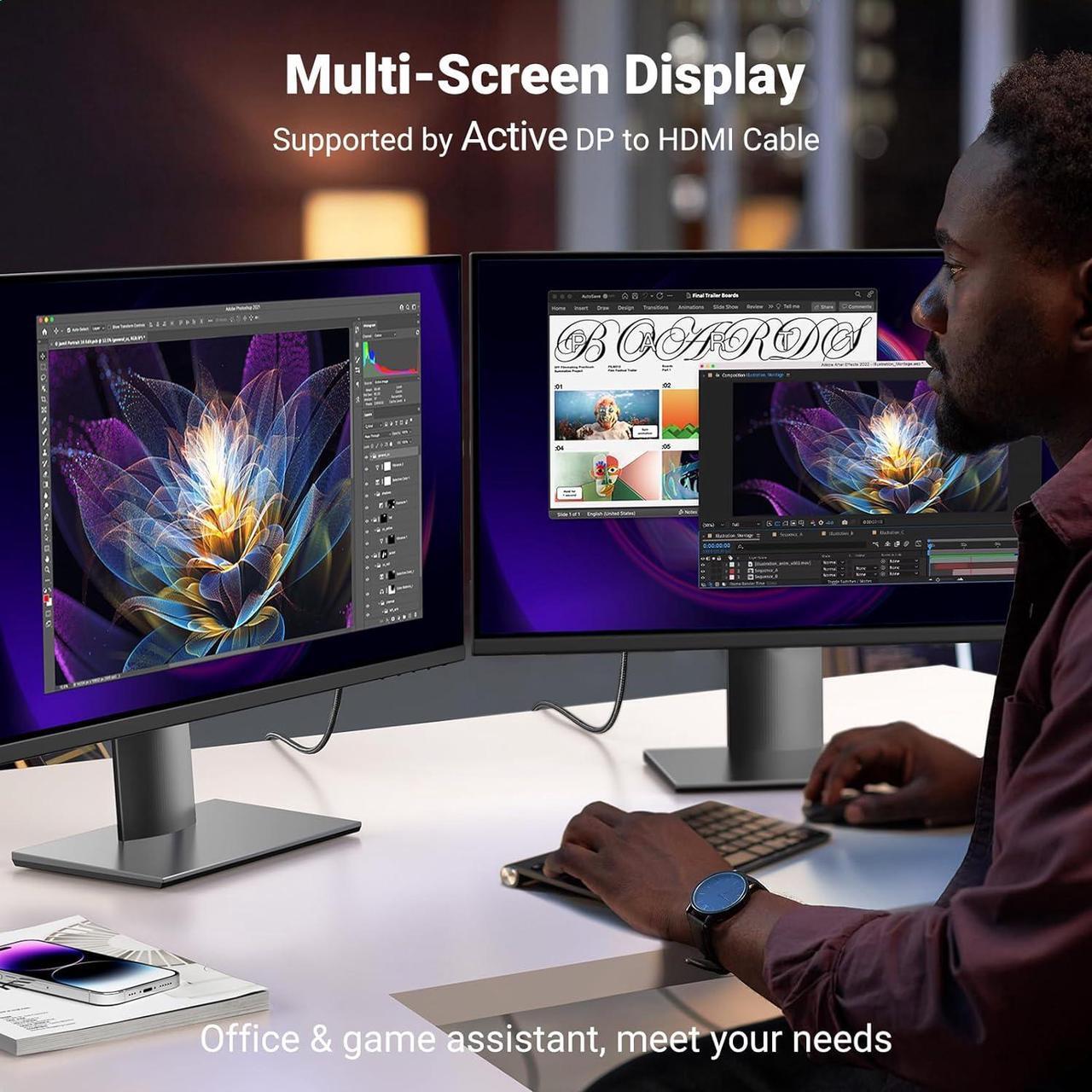 Alt view image 6 of 7 - 4K@60Hz DisplayPort to HDMI Cable HDR Active DP 1.2 to HDMI 2.0 Cord Aluminum Braided Uni-Directional Display Port to HDMI Converter 6.6FT Compatible with Monitor Projector   HP