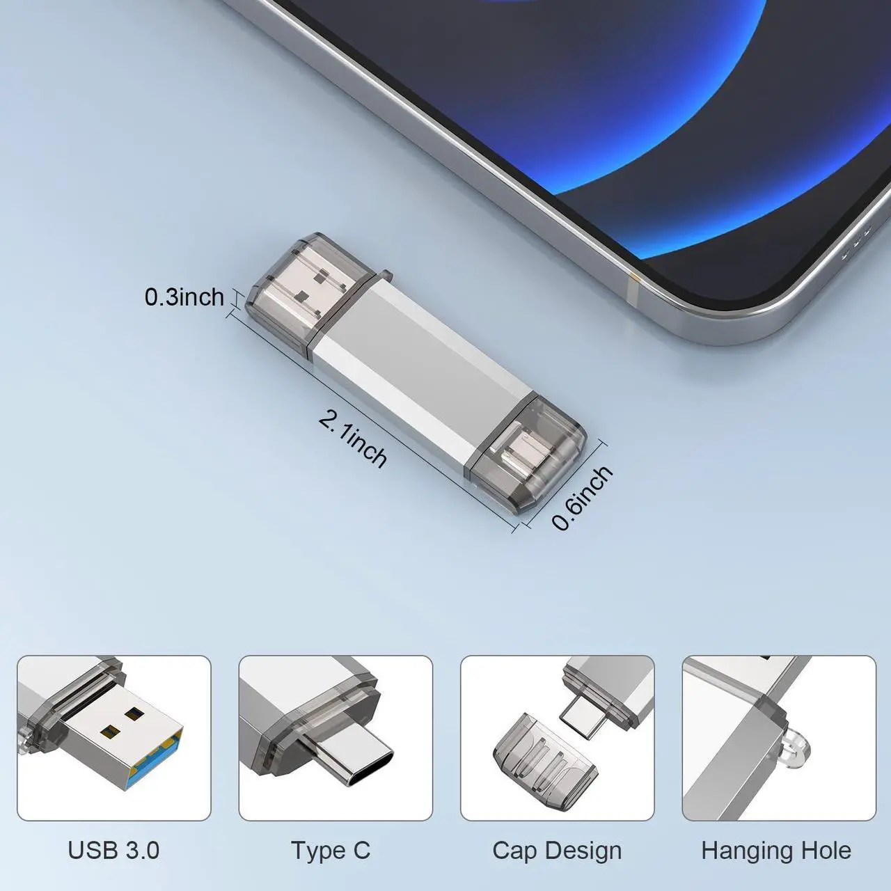 Alt view image 2 of 7 - 128GB USB C Flash Drive 2 in 1 USB 3.0 Type C Dual OTG Metal Thumb Drive Jump Drive Memory Stick with Keychain Suitable for USB-C Smartphones MacBook Computers and Tablets (Silver)