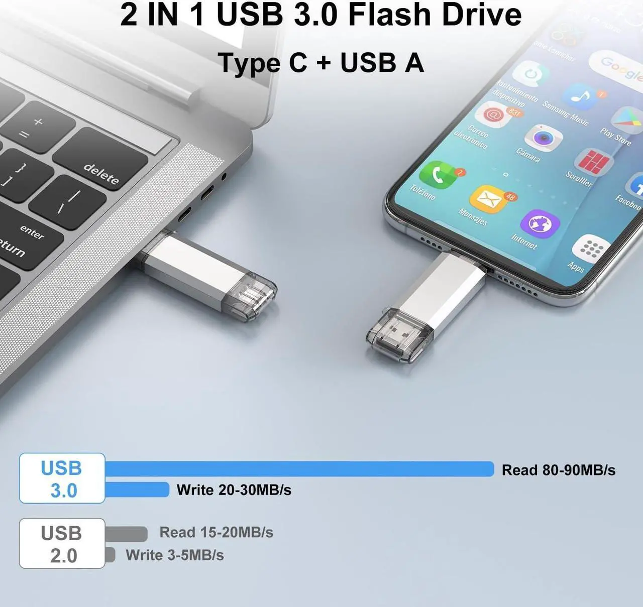 Alt view image 3 of 7 - 128GB USB C Flash Drive 2 in 1 USB 3.0 Type C Dual OTG Metal Thumb Drive Jump Drive Memory Stick with Keychain Suitable for USB-C Smartphones MacBook Computers and Tablets (Silver)