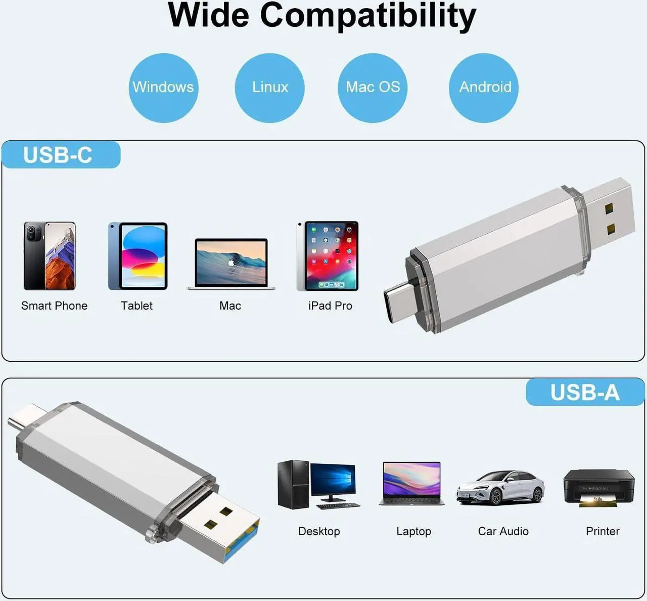 Alt view image 6 of 7 - 128GB USB C Flash Drive 2 in 1 USB 3.0 Type C Dual OTG Metal Thumb Drive Jump Drive Memory Stick with Keychain Suitable for USB-C Smartphones MacBook Computers and Tablets (Silver)