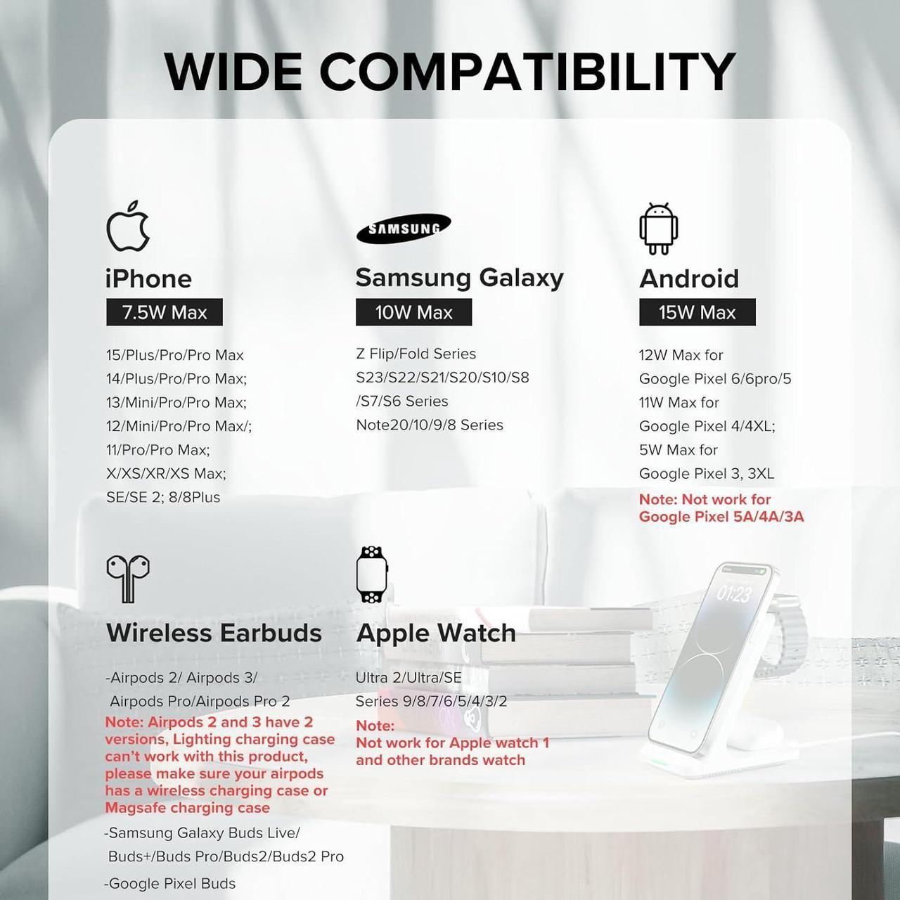 Alt view image 3 of 6 - Wireless Charging Station, 3 in 1 Fast Wireless Charger Stand for Multiple Devices Apple Watch Ultra Series 9 8 7 6 SE 5 4 3 2, iPhone 15 14 13 12 11 Pro Max/Plus/Mini/X/XS/Max/XR/SE, Airpods Pro 2 3