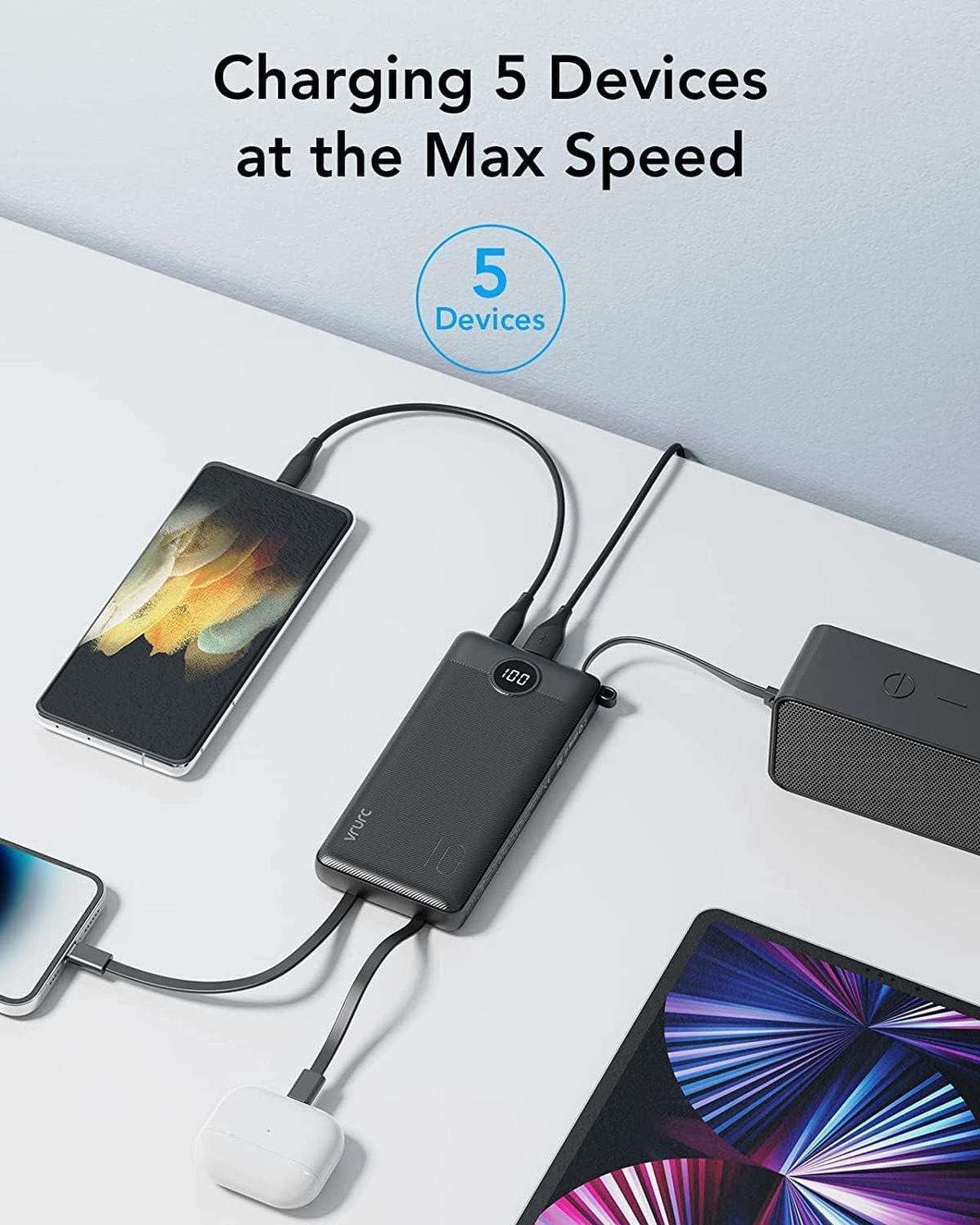 Alt view image 3 of 7 - VRURC Portable Charger with Built in Cables, 10000mAh Slim USB C Power Bank,5 Output 2 Input LED Display External Battery Pack Phone Charger Compatible with iPhone,Samsung,Android-Black(1 Pack)