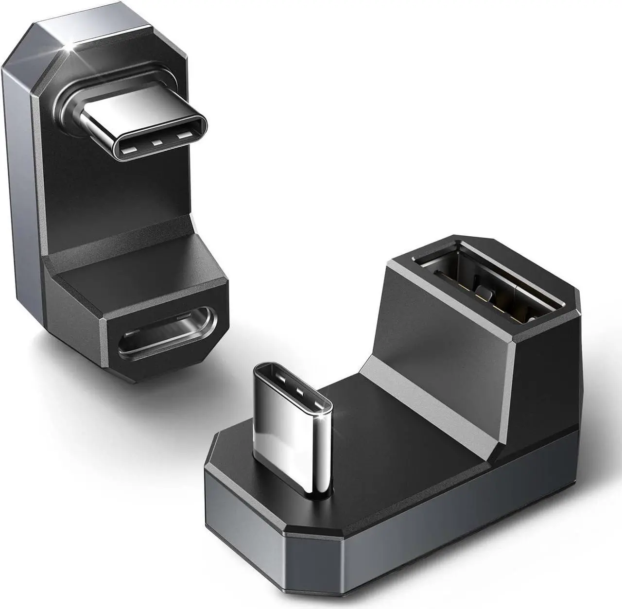 Main image of 180 USB-C to USB Adapter 2 Pack 180 Degree Angle USB-C Male to USB-C Female USB-C 3.1/PD 100W and Type-C Male to USB-A Female Adapter for Steam Deck/Switch/ROG Ally/Laptop/Tablet/Phone - Grey