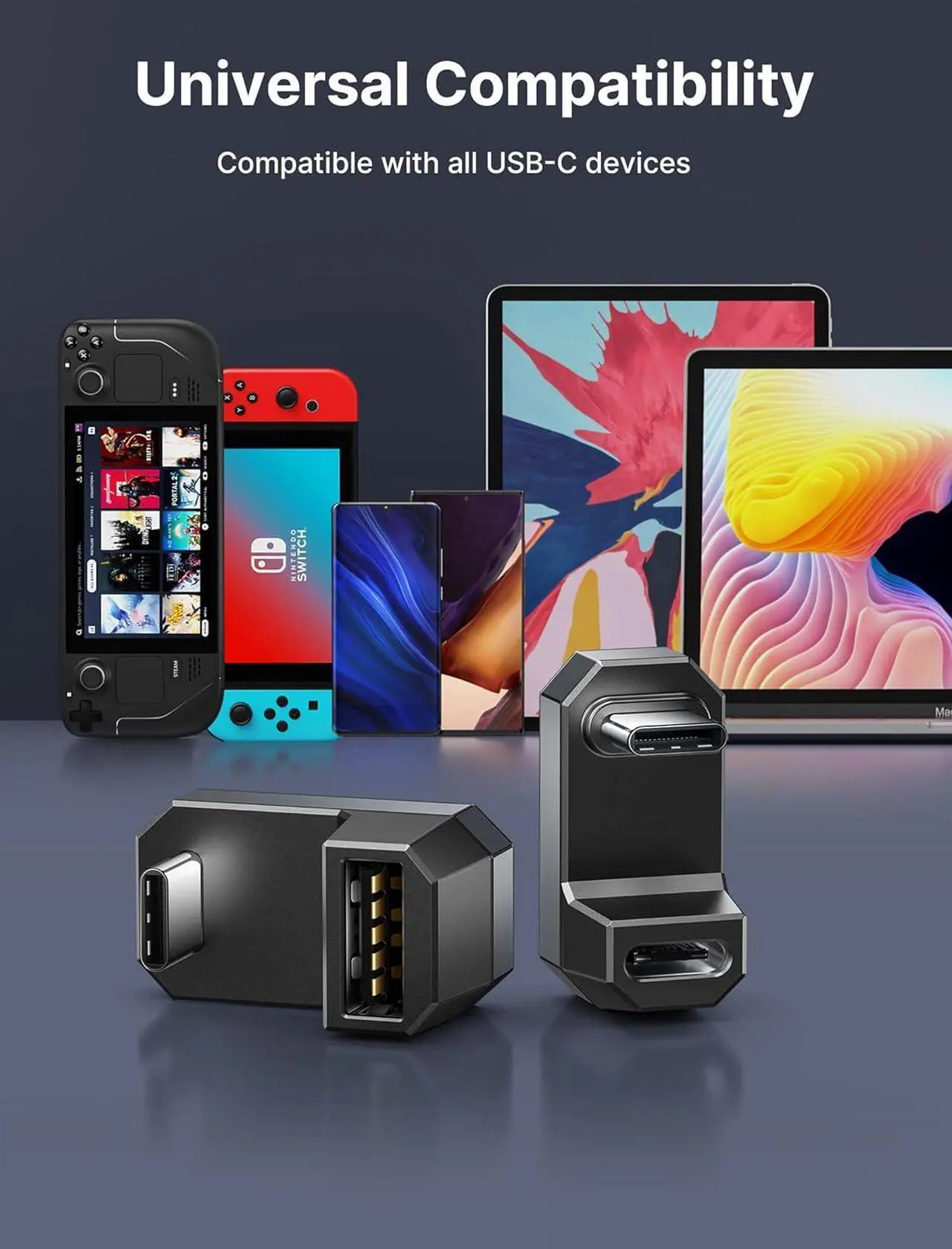 Alt view image 7 of 7 - 180 USB-C to USB Adapter 2 Pack 180 Degree Angle USB-C Male to USB-C Female USB-C 3.1/PD 100W and Type-C Male to USB-A Female Adapter for Steam Deck/Switch/ROG Ally/Laptop/Tablet/Phone - Grey