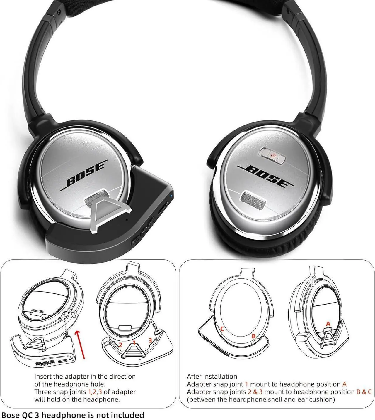 Alt view image 2 of 7 - aptX Wireless Bluetooth 5.0 Adapter for Bose QC3 QuietComfort 3 with Mic/Volume Control, Black