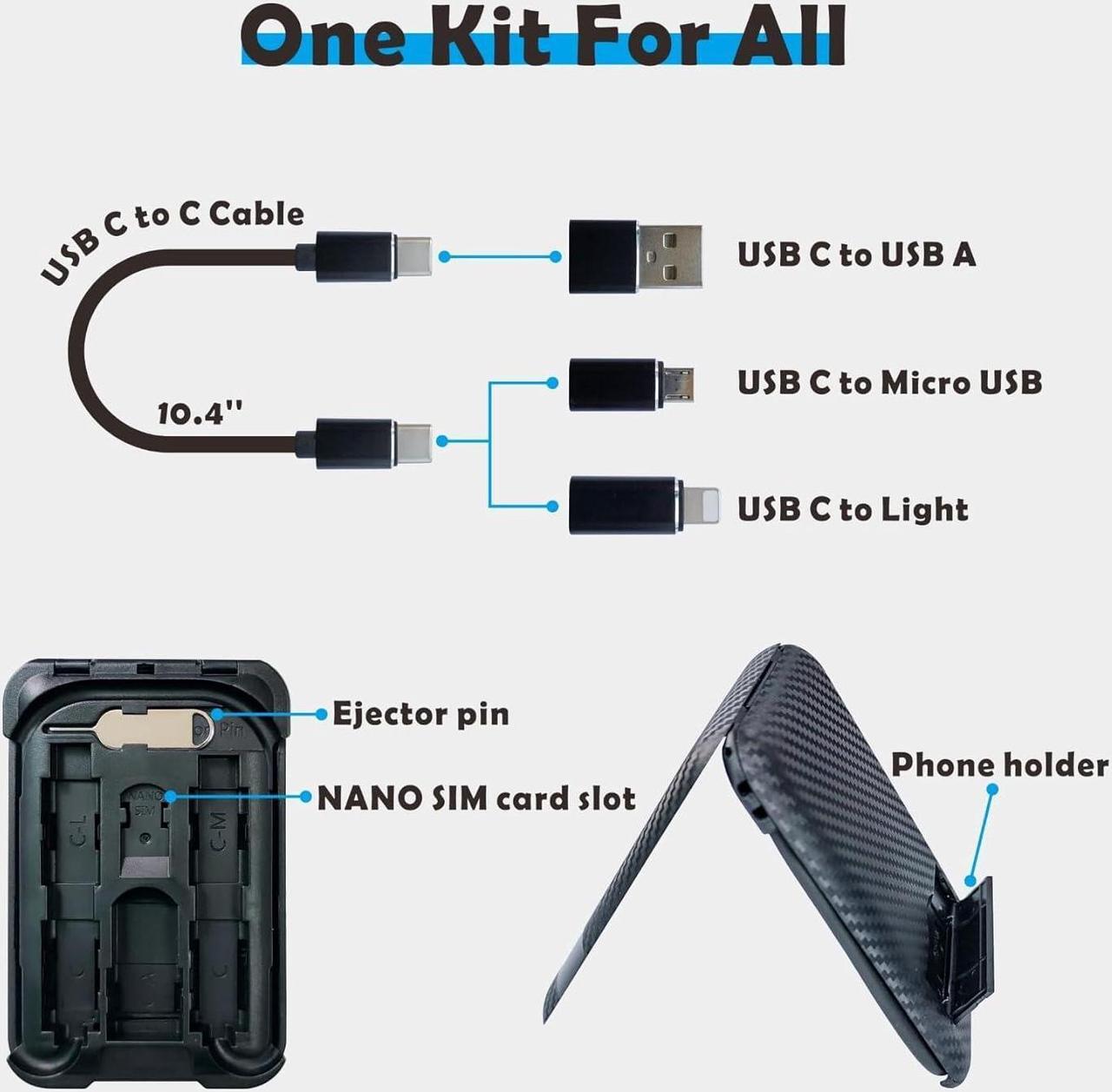 Alt view image 2 of 7 - USB Type C to C Charging and Data Transfer Cable with 3 Adapters Combination Set in Credit Card Size Case