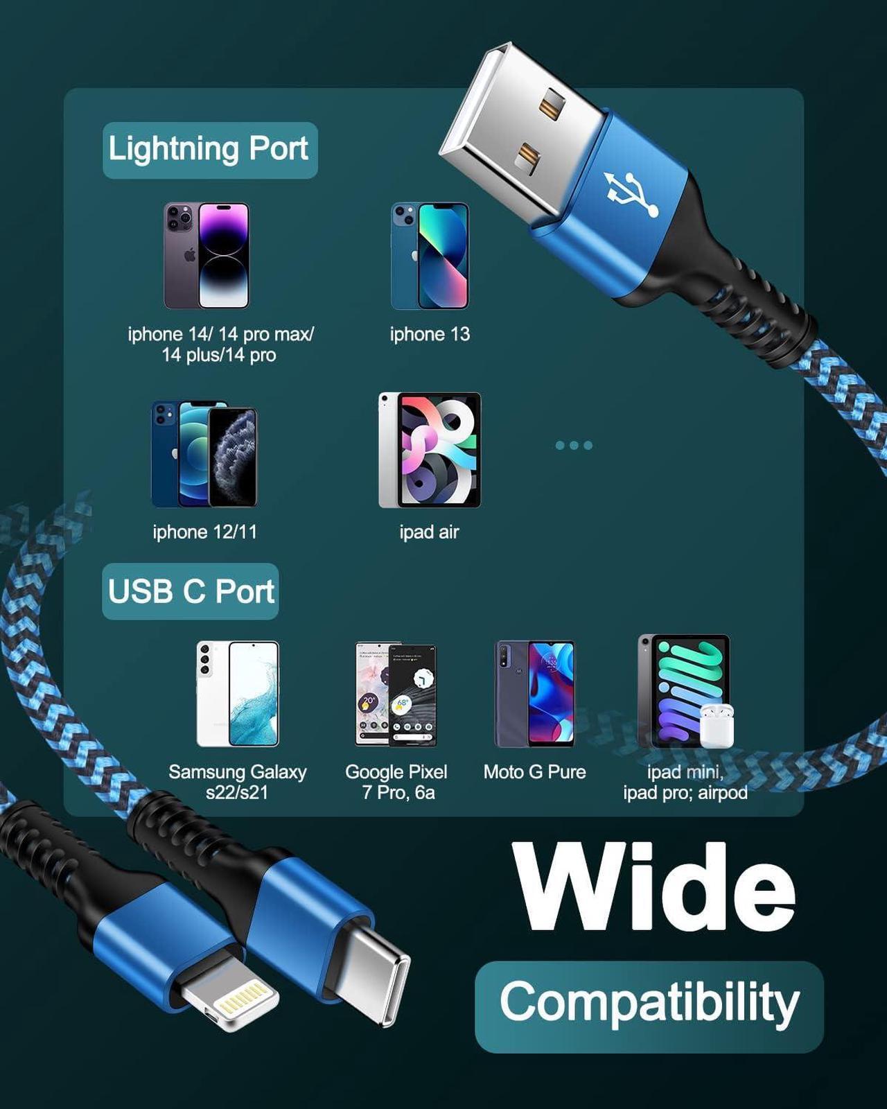 Alt view image 7 of 7 - 3Pack-4FT  & Android USB to Lightning & USB-C 2-in-1 Fast Charger Cable for iPhone 15 14 Pro Max Plus 13 12 11  Galaxy A14 A13 A23 Google Pixel 8 7 Pro 7a 6 Multi USBC Lighting USB Cord